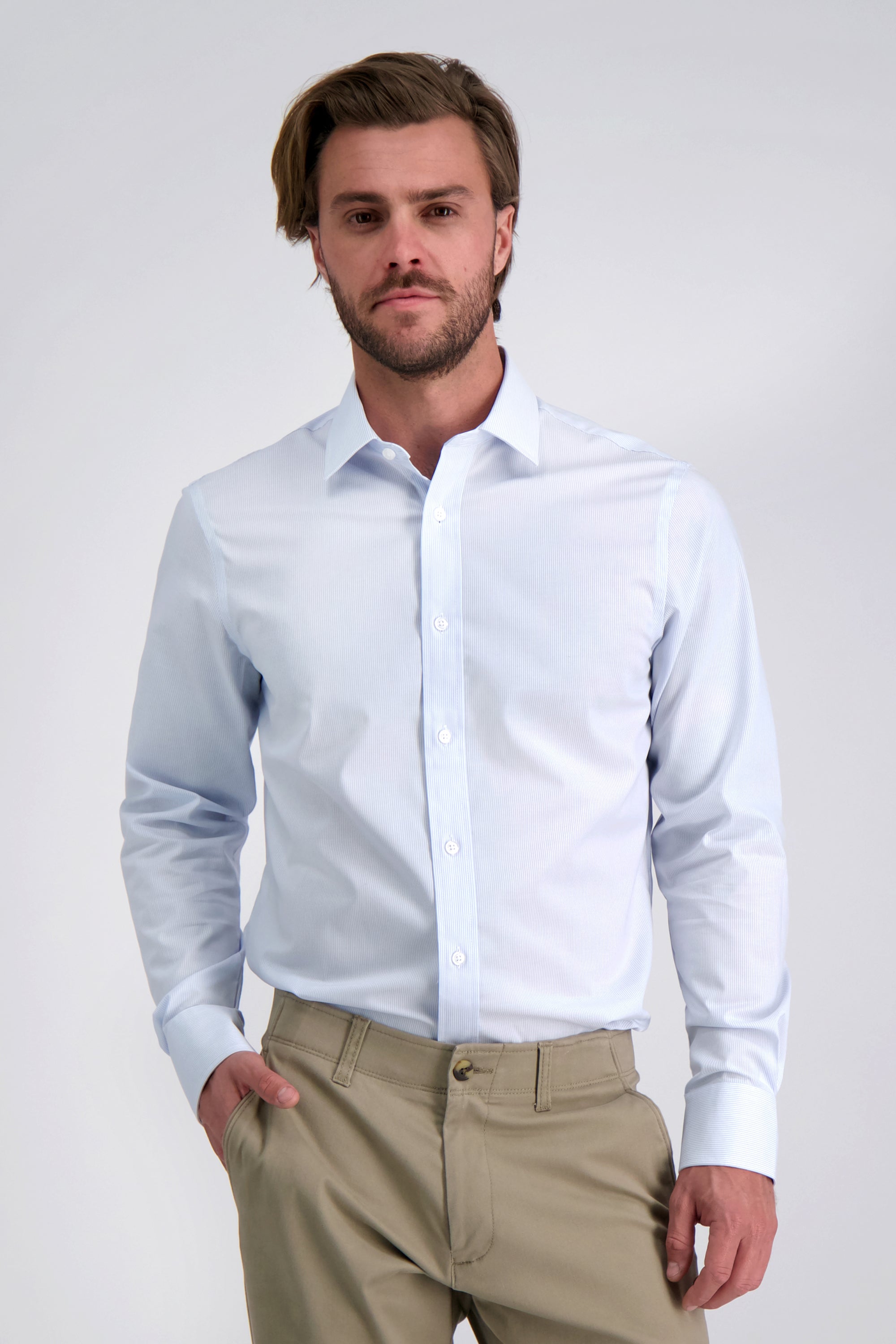 Premium Comfort Performance Cotton Dress Shirt - White & Blue Stripe, , hi-res