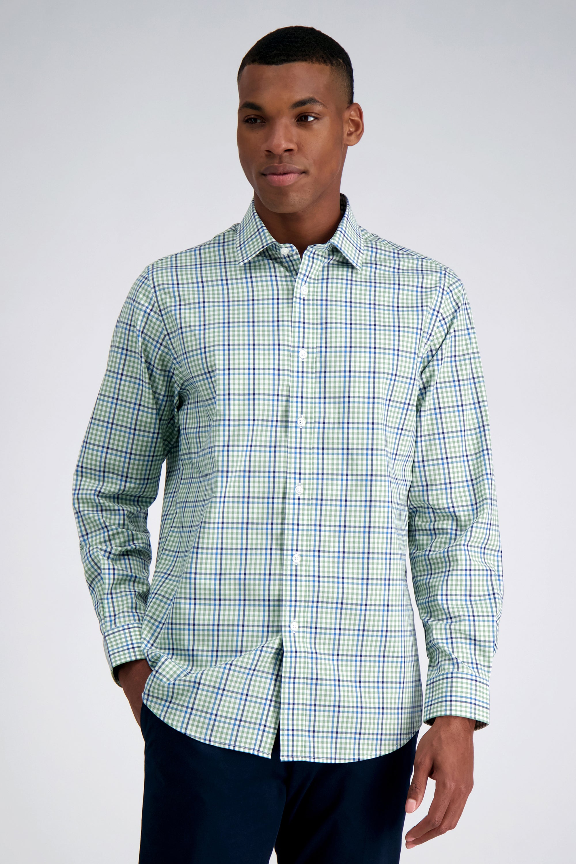 Premium Comfort Dress Shirt - White and Green Check, , hi-res#color_olive