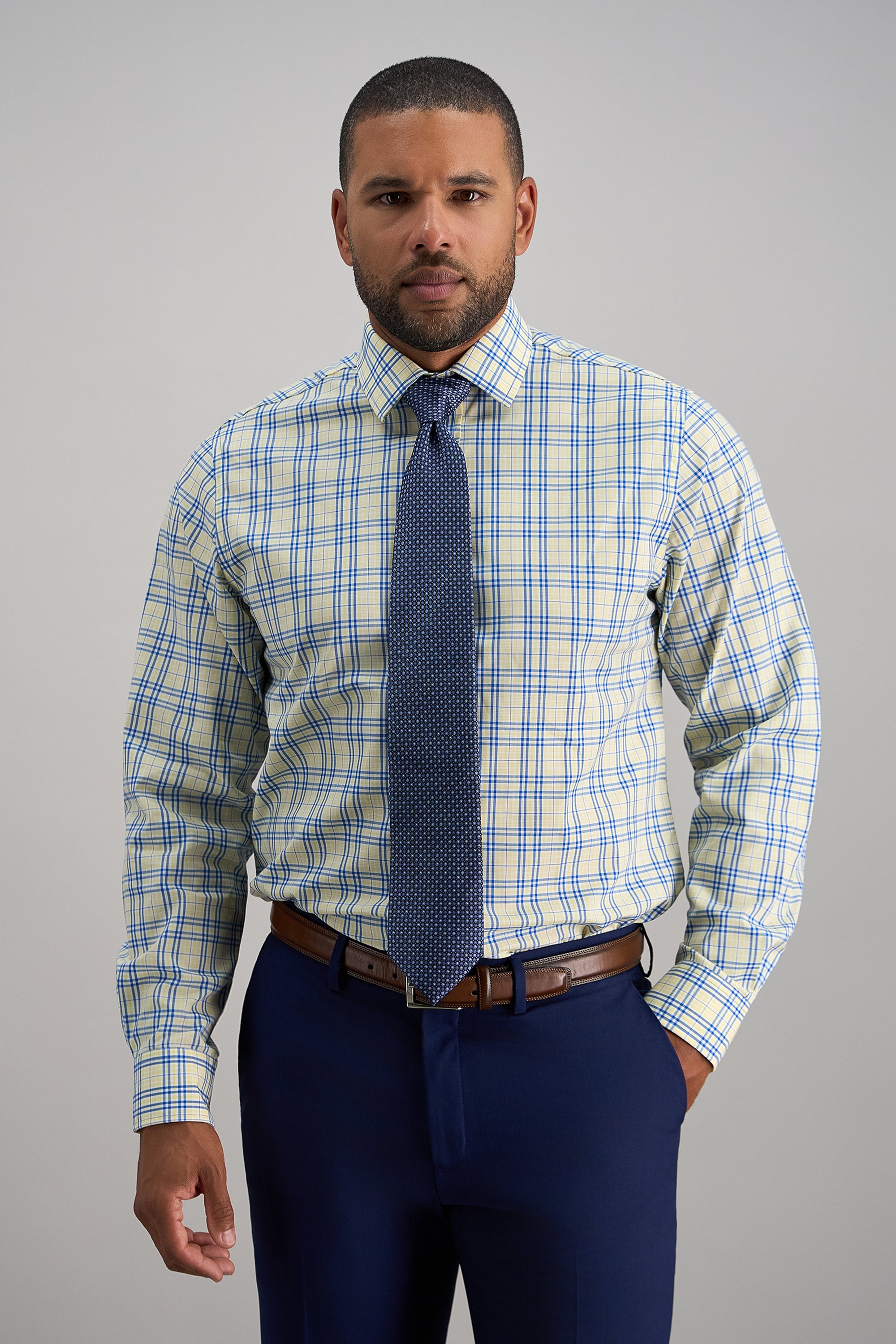 Premium Comfort Performance Cotton Dress Shirt - White and Yellow Plaid - Haggar.com