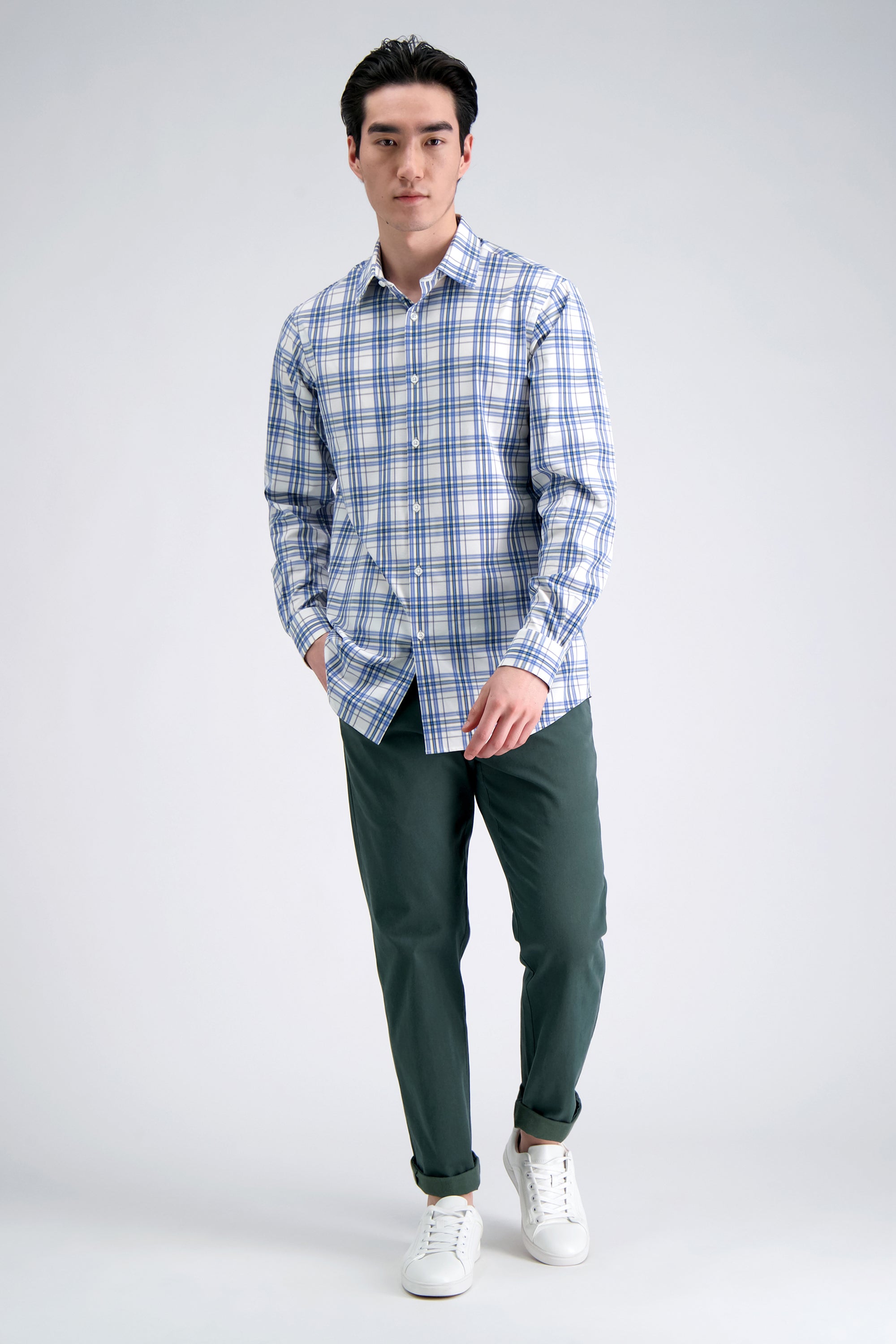 Smart Wash™ Dress Shirt - White & Blue Plaid, , hi-res
