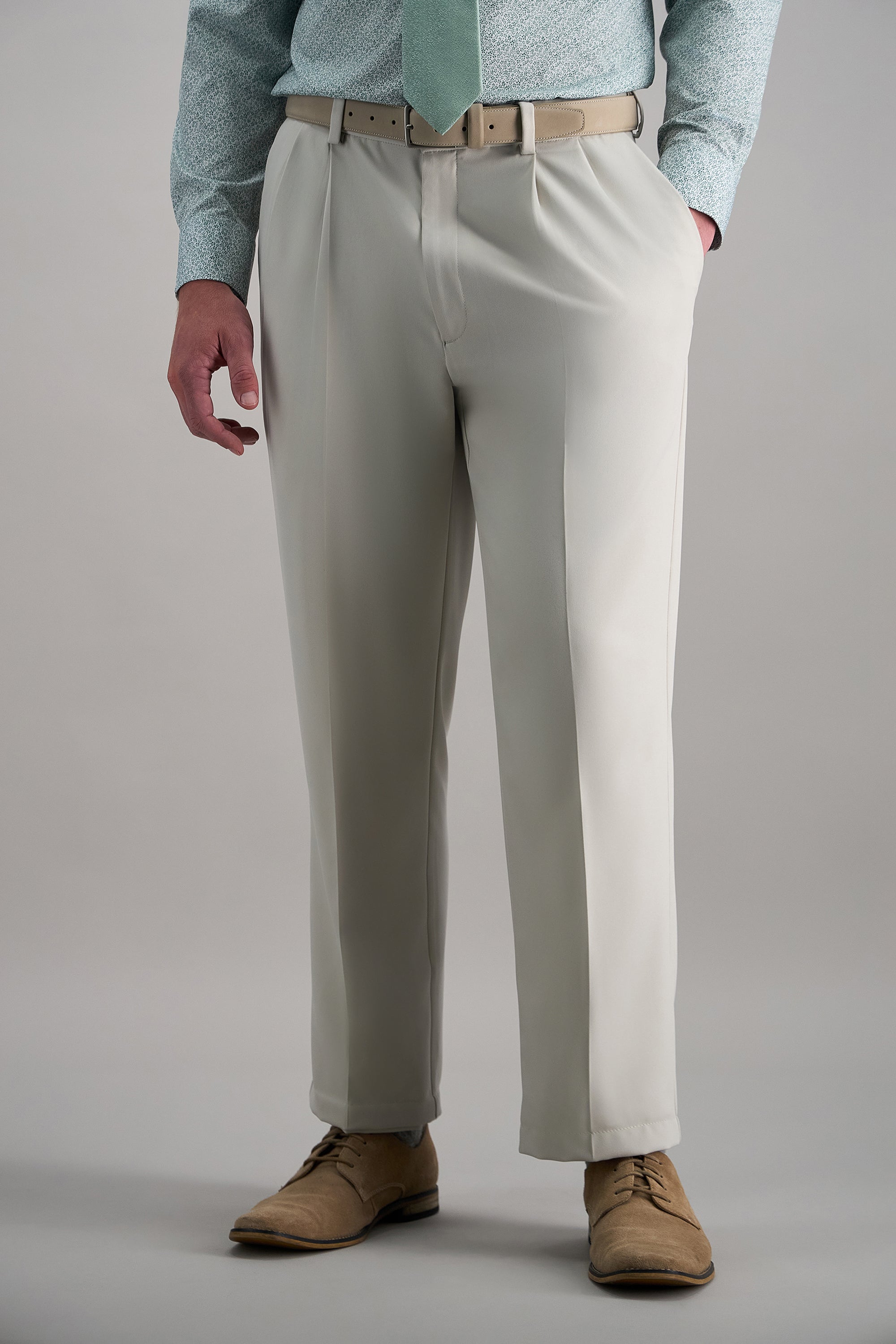Haggar Premium Comfort Dress Pants - Checker Plaid, Flat Front in Khaki
