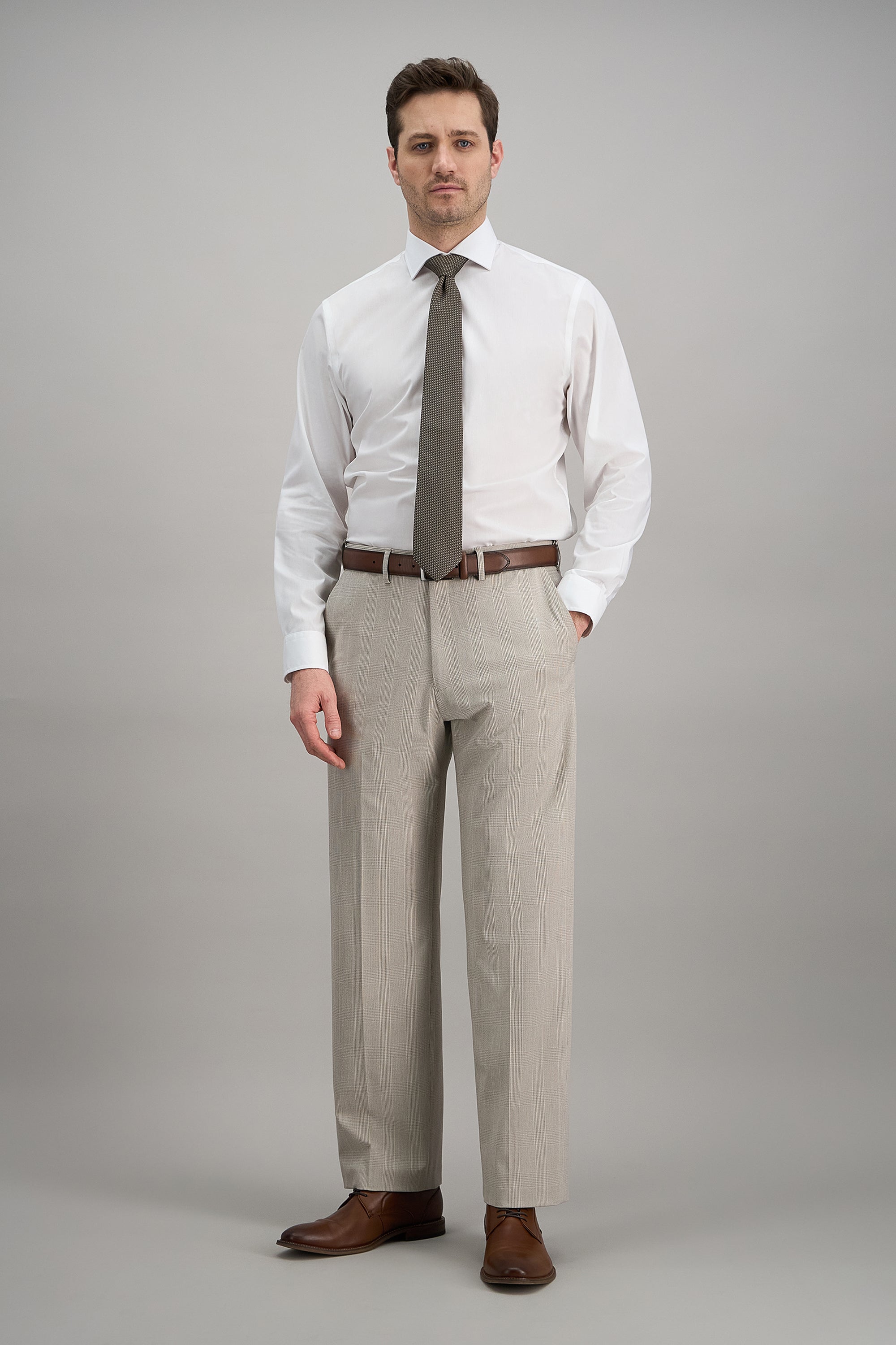 Haggar.com J.M. Haggar™ Premium Stretch Glen Plaid Dress Pants, front view showing tailored fit and classic plaid pattern.#color_stone