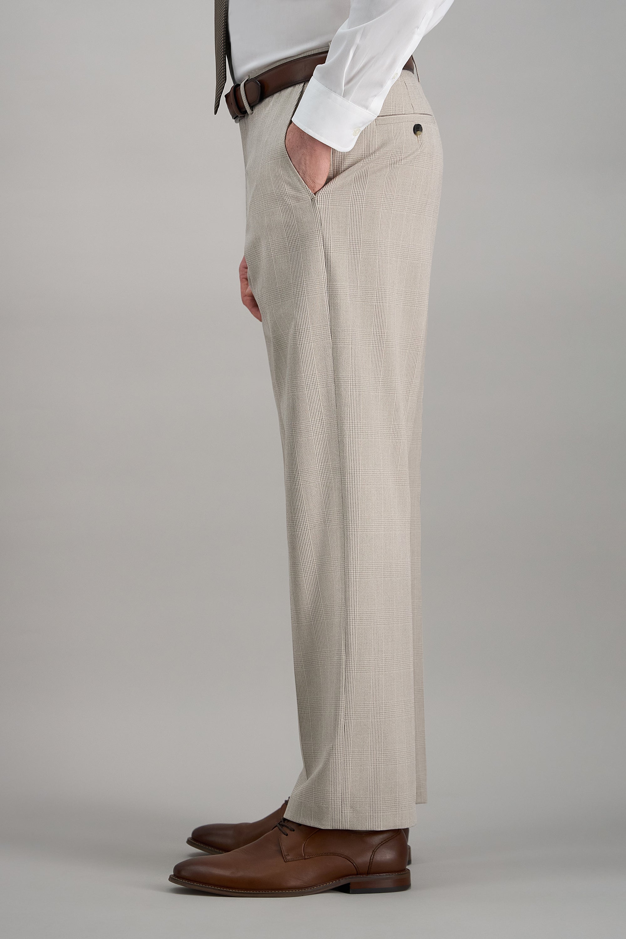 Haggar J.M. Haggar™ premium stretch Glen plaid dress pants with a tailored fit, featuring classic plaid pattern and side pockets.#color_stone