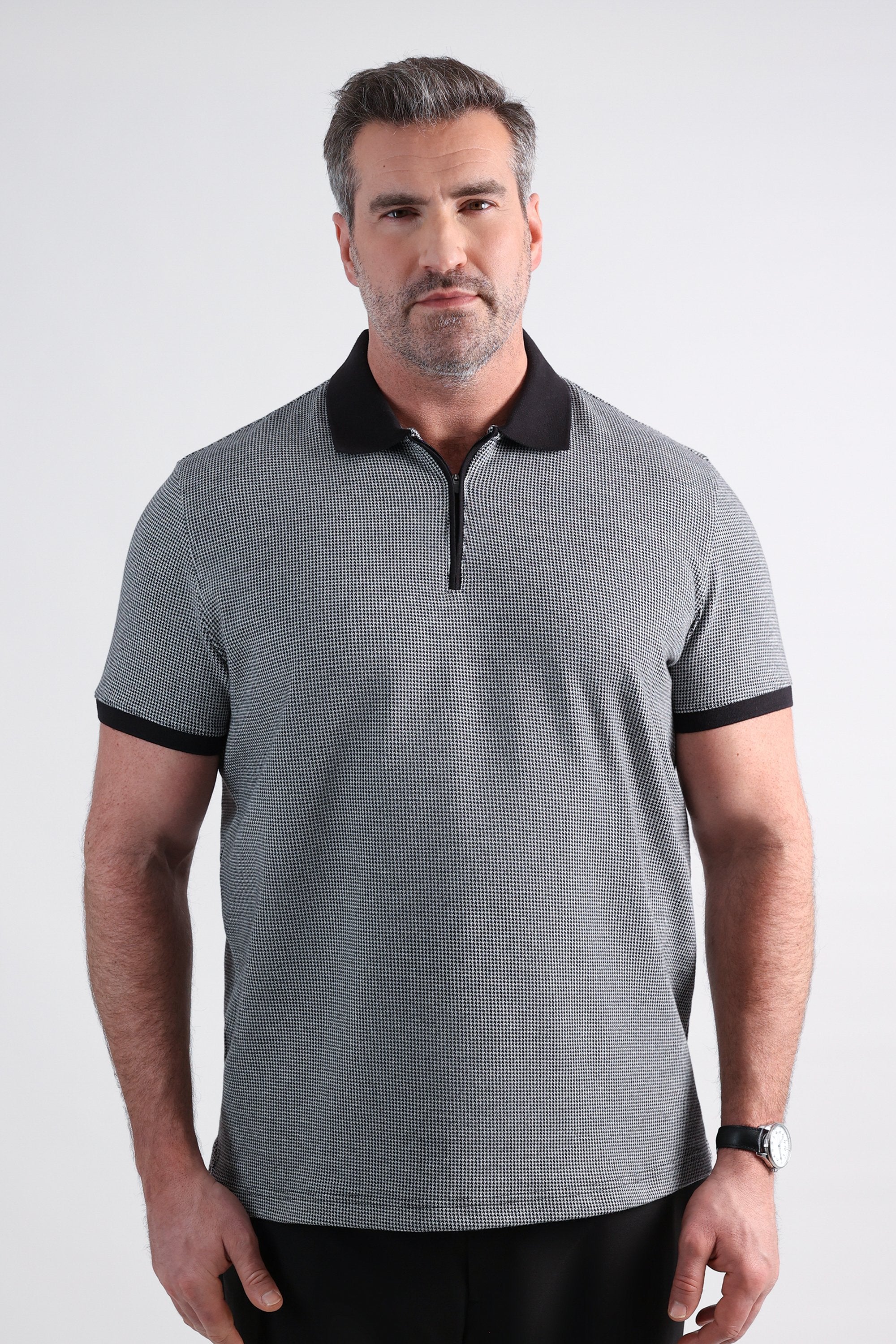 Big & Tall Premium Comfort Quarter Zip Houndstooth Polo, , hi-res