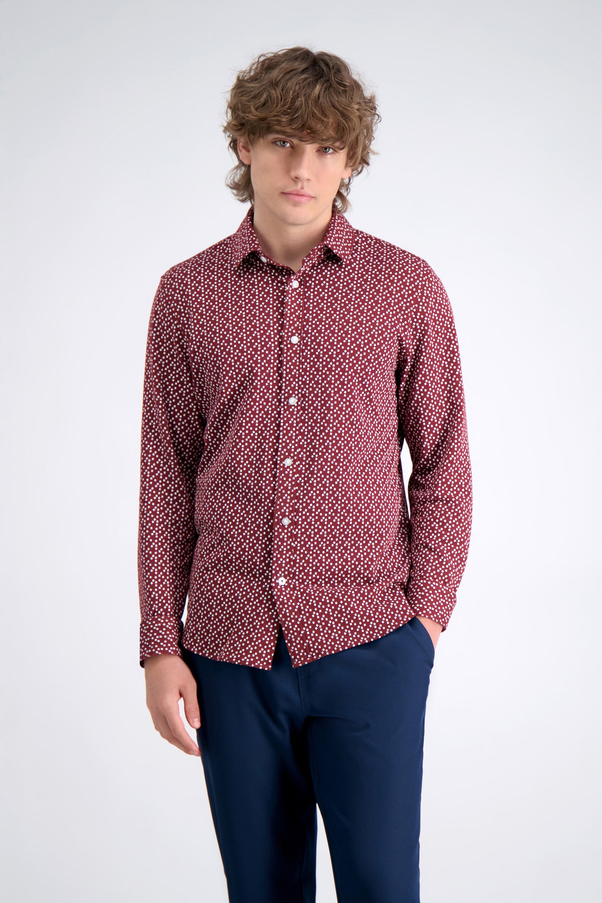 Long Sleeve Pique Shirt - Burgundy Geo Ditsy