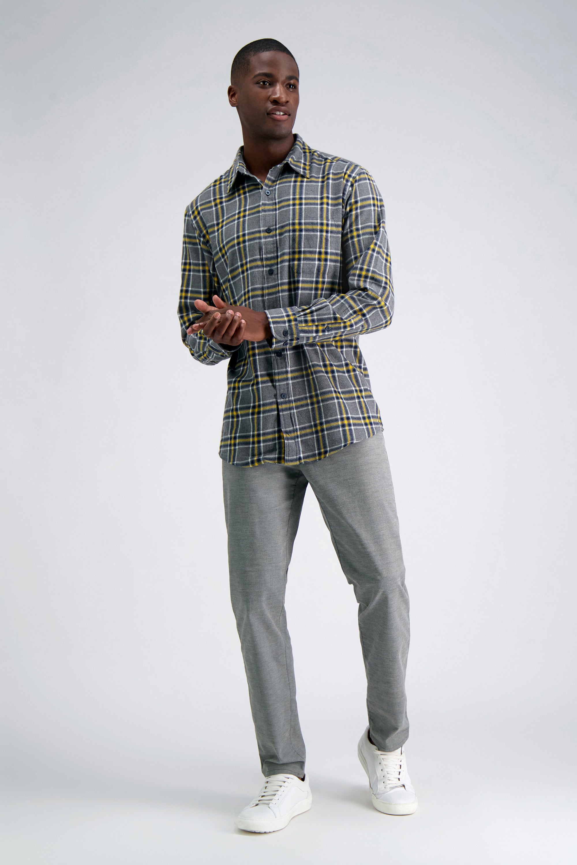 Long Sleeve Flannel Plaid Shirt - Yellow