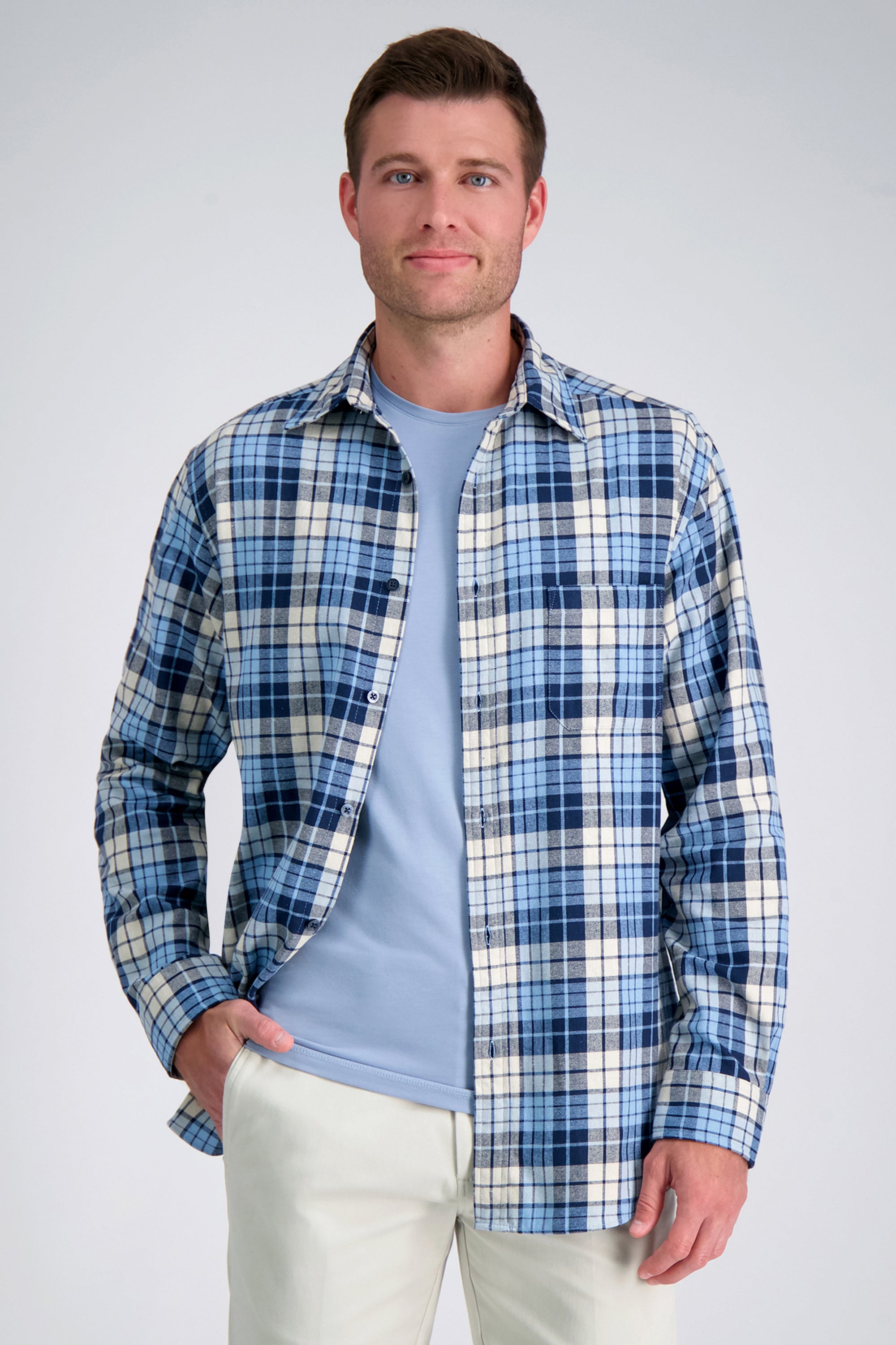 Long Sleeve Flannel Plaid Shirt - color_blue#color_blue