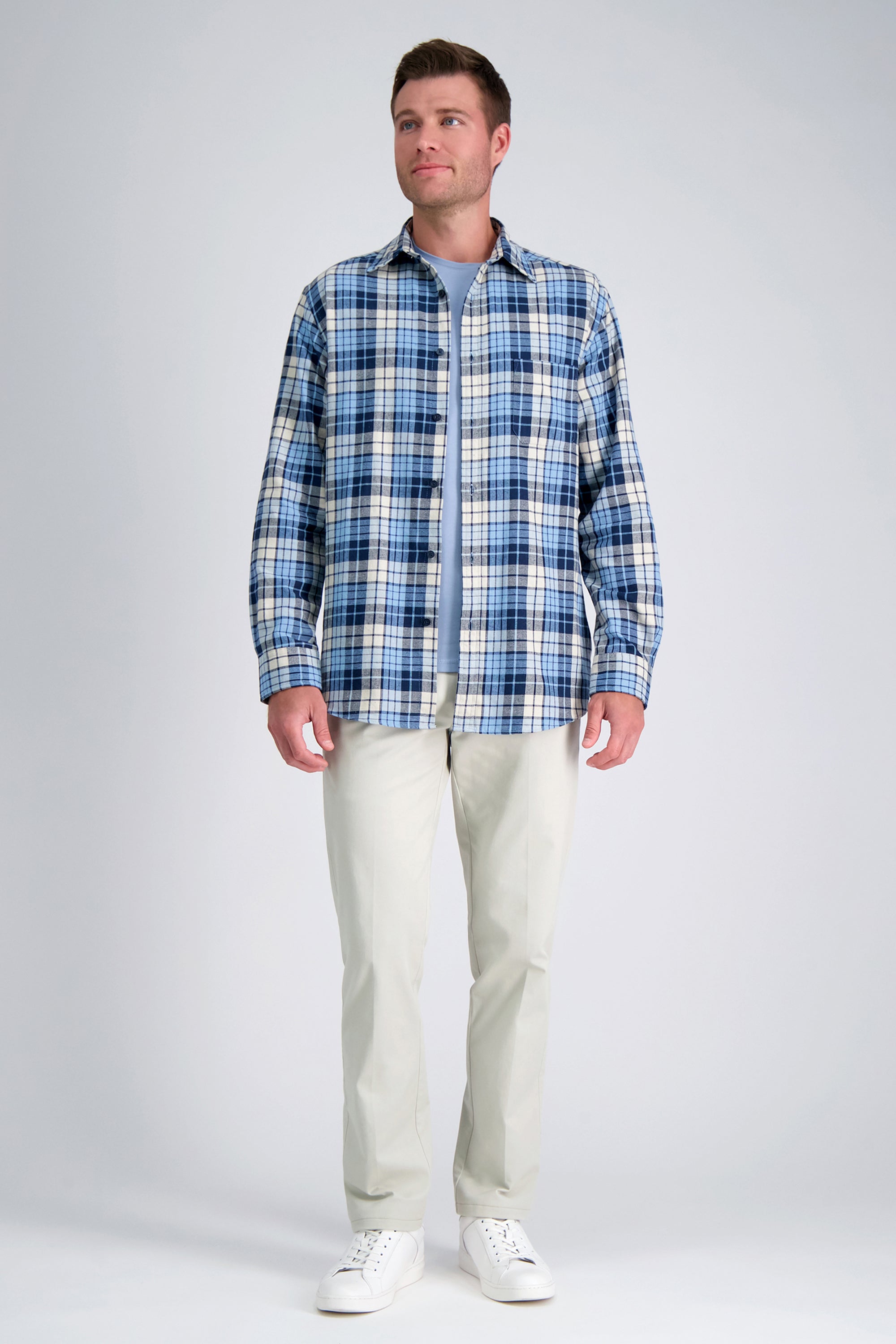 Long Sleeve Flannel Plaid Shirt - color_blue#color_blue