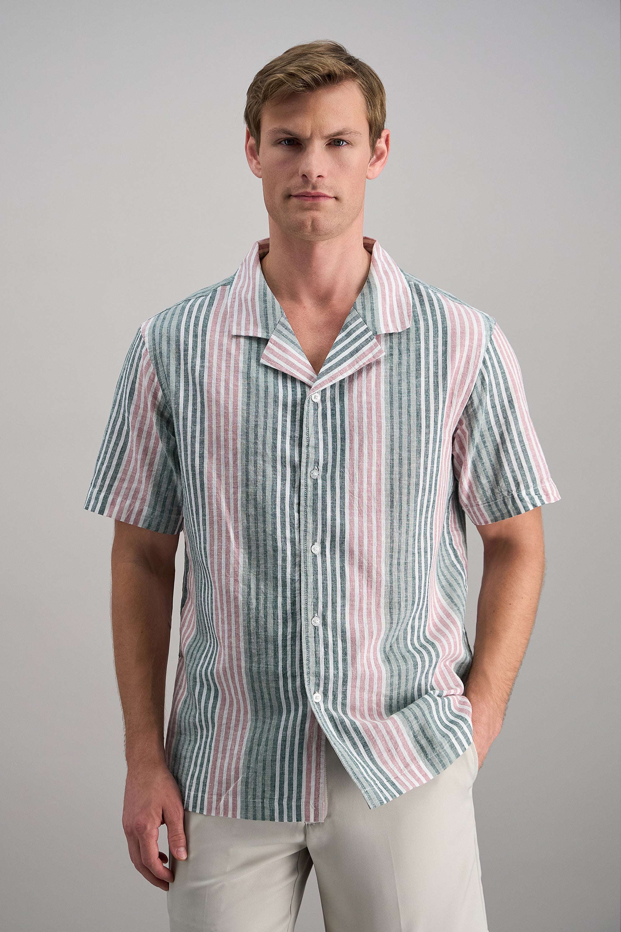 Short Sleeve Linen Stripe Camp Shirt