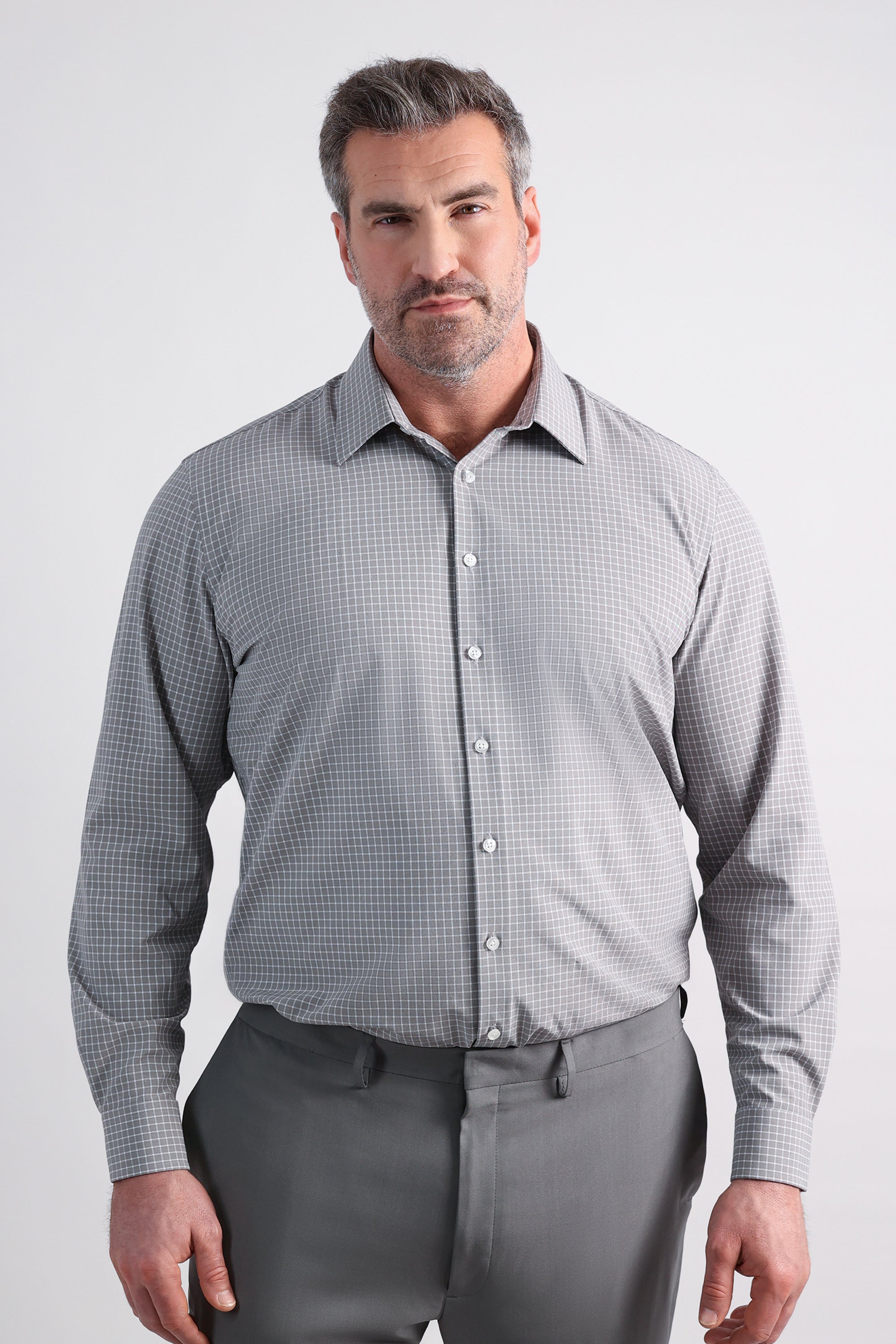 Tall Smart Wash® Dress Shirt - Medium Grey Grid