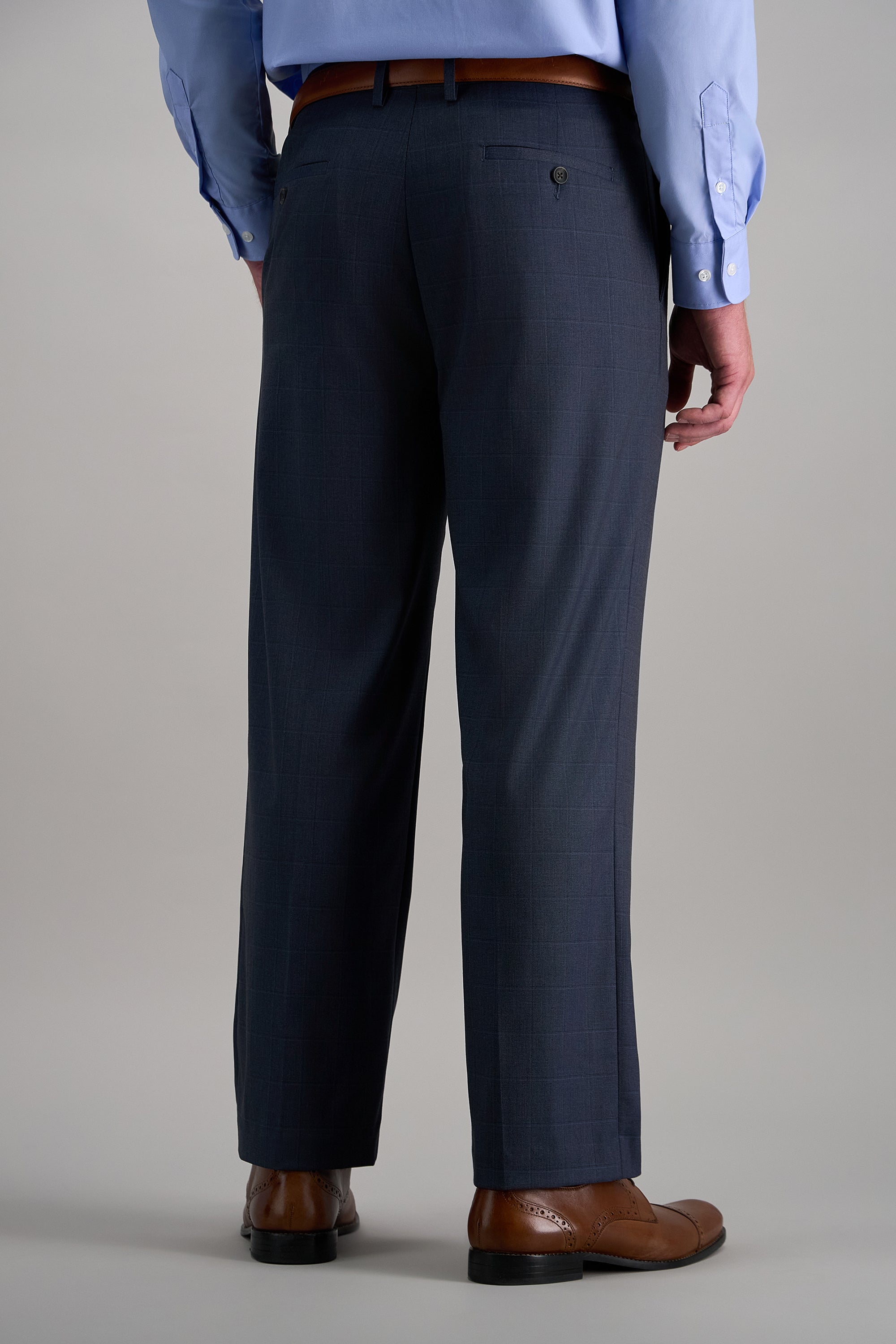 Haggar windowpane suit pant in gray with classic fit, featuring a tailored waistband and side pockets, perfect for formal wear.#color_blue
