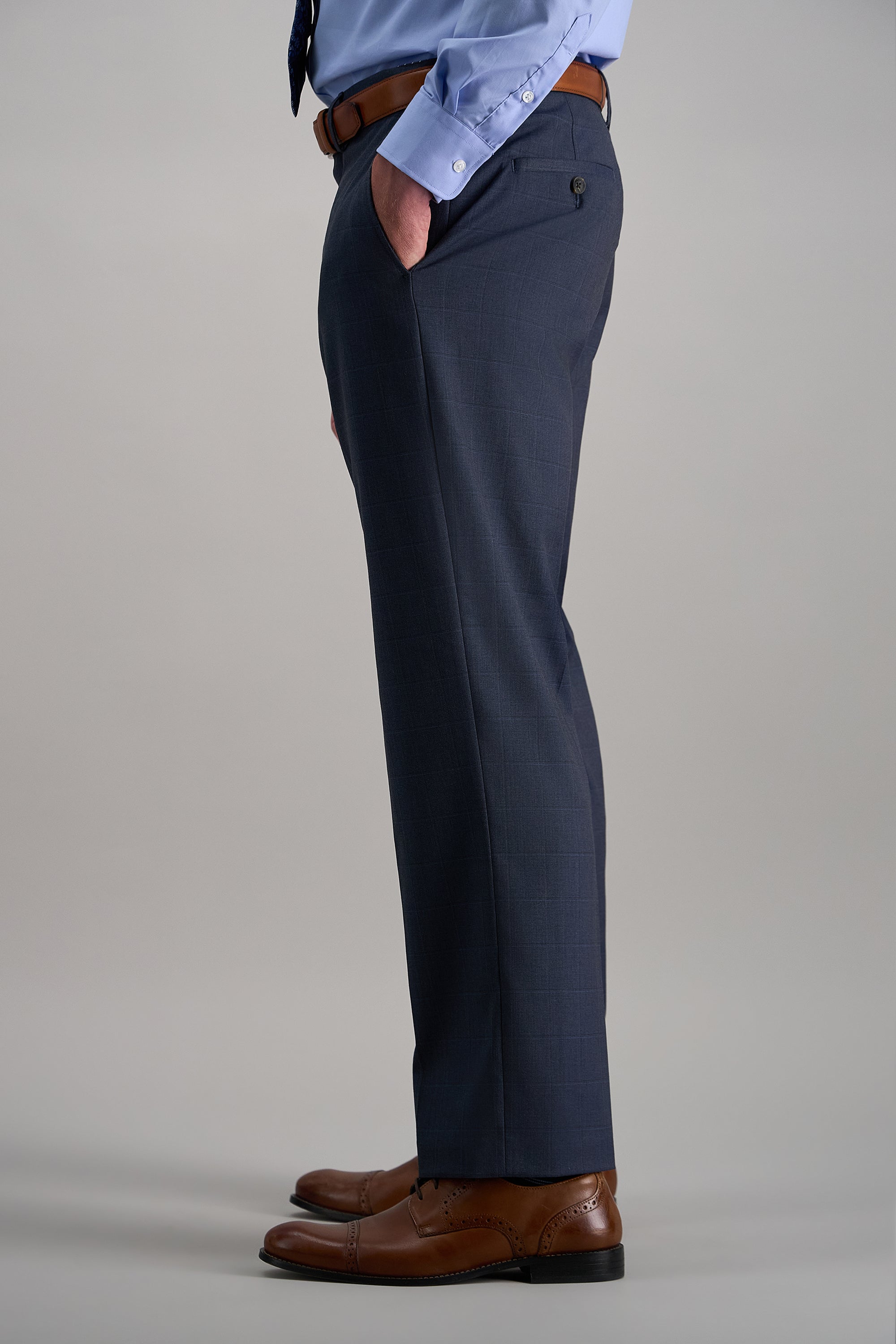 Haggar windowpane suit pant in gray with a tailored fit, featuring classic plaid pattern and belt loops on front.#color_blue