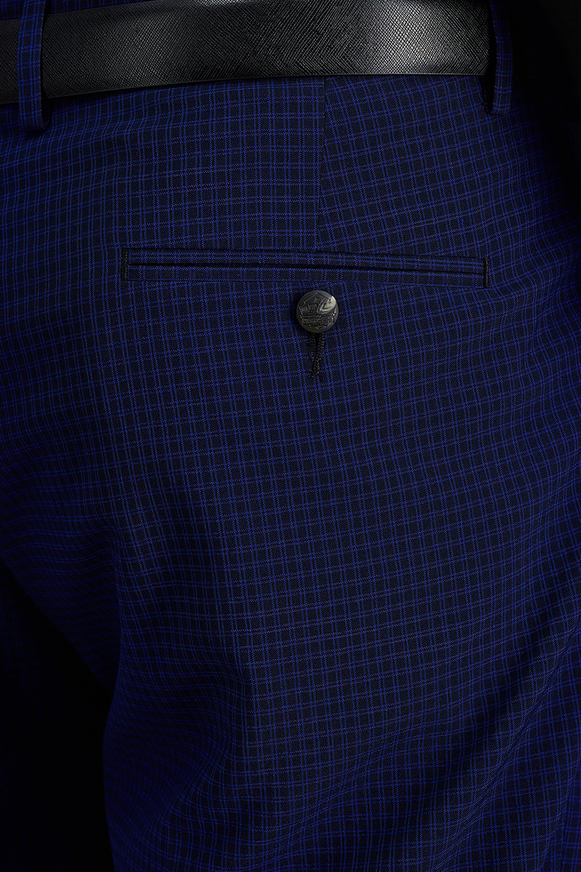 Haggar Pro Football Hall of Fame suit pant in dark fabric, tailored fit, front pockets, and classic design for formal wear.#color_blue