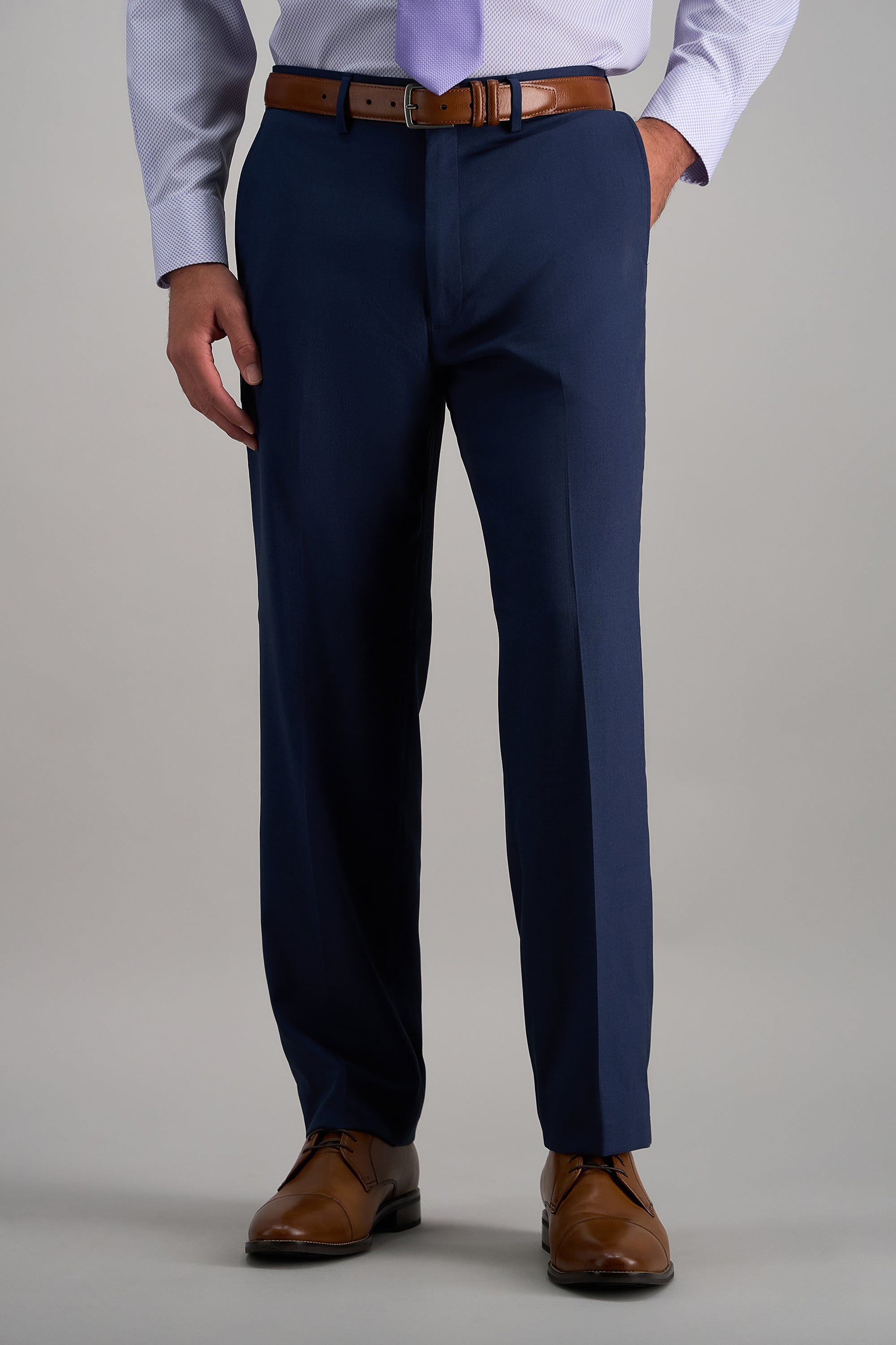 Haggar travel performance suit pant in black, tailored fit, with waistband and side pockets, designed for comfort and style.#color_blue
