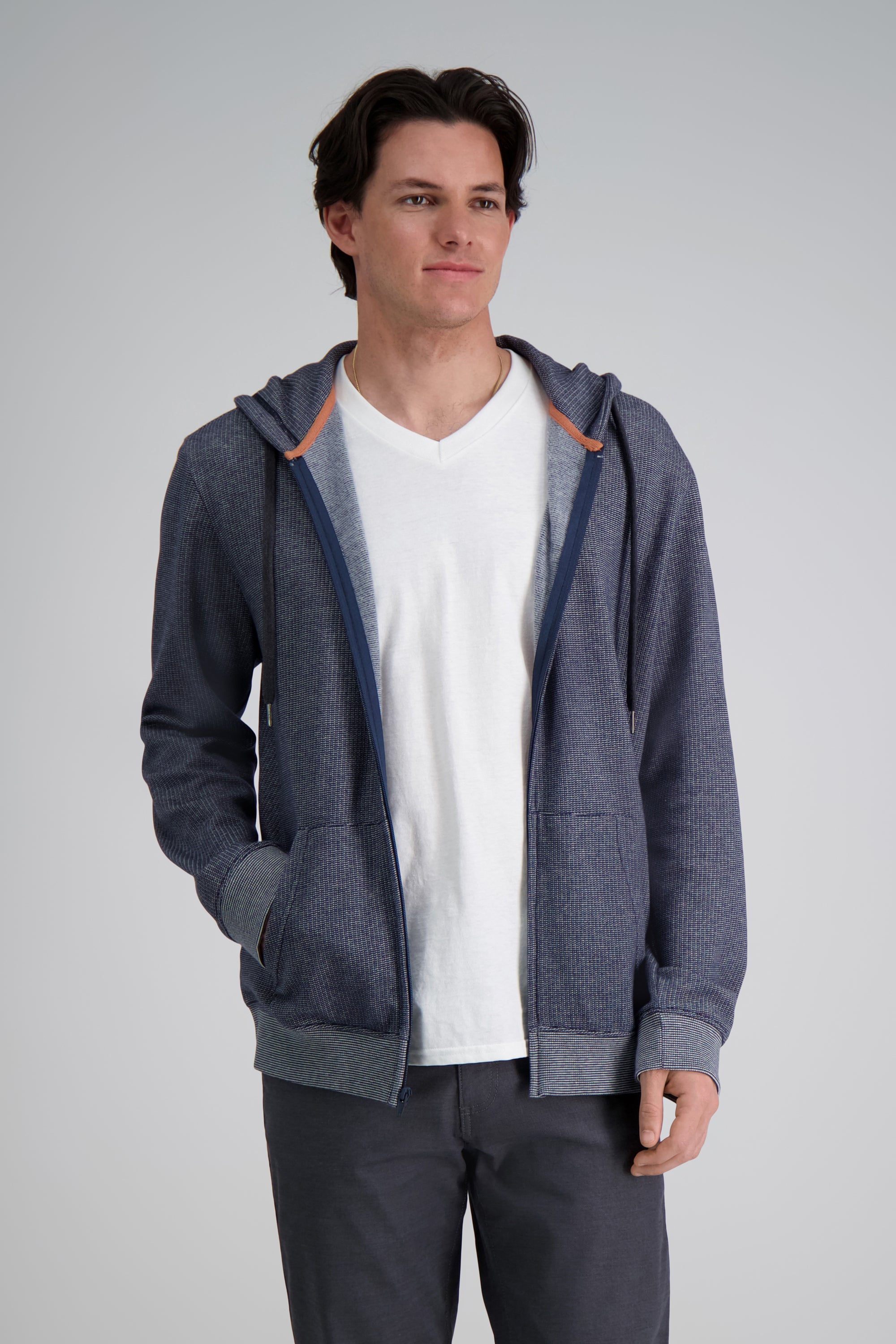 Full Zip Textured Fleece Hoodie Sweatshirt - Indigo