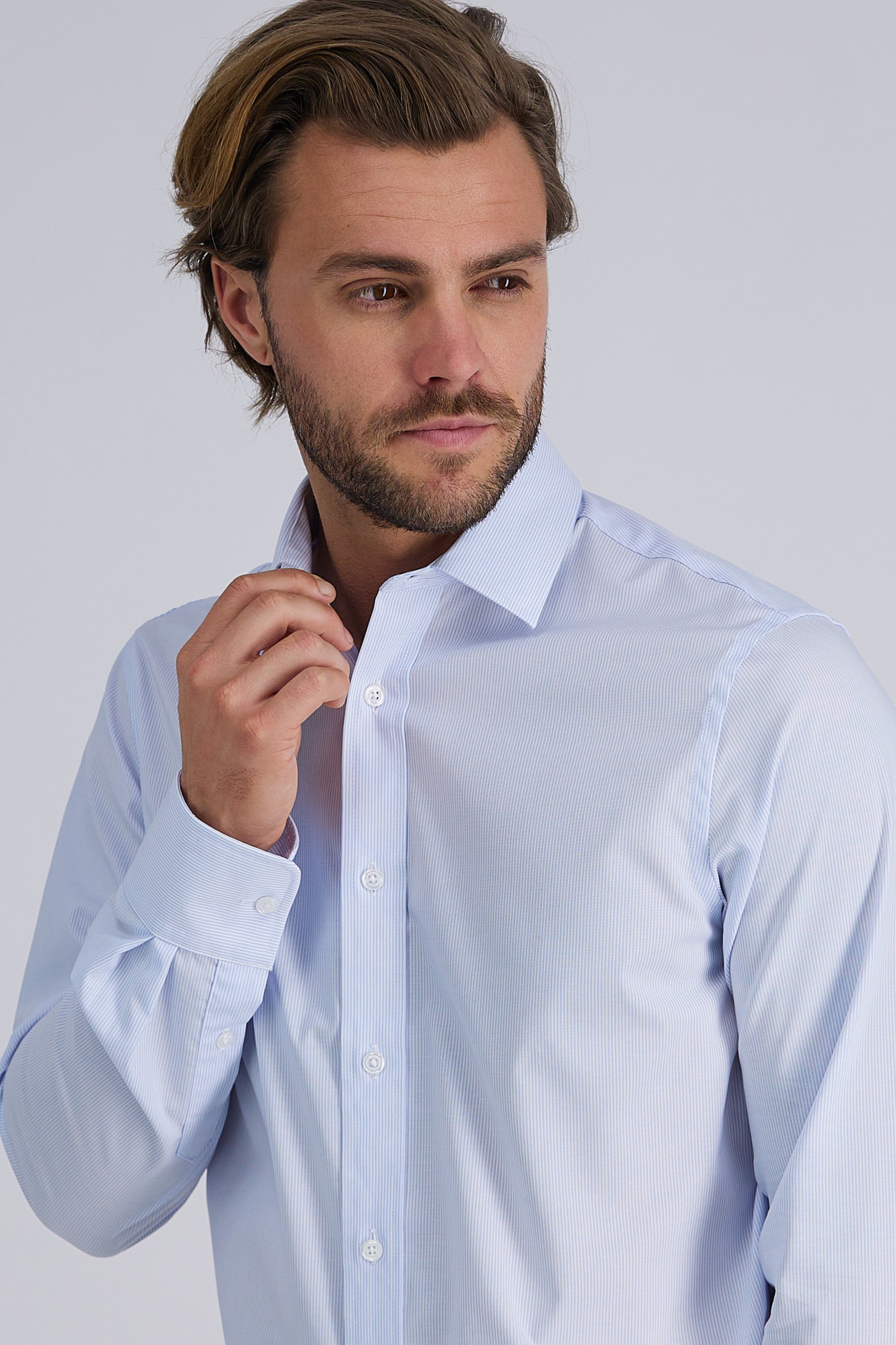 Premium Comfort Performance Cotton Dress Shirt - White & Blue Stripe, , hi-res