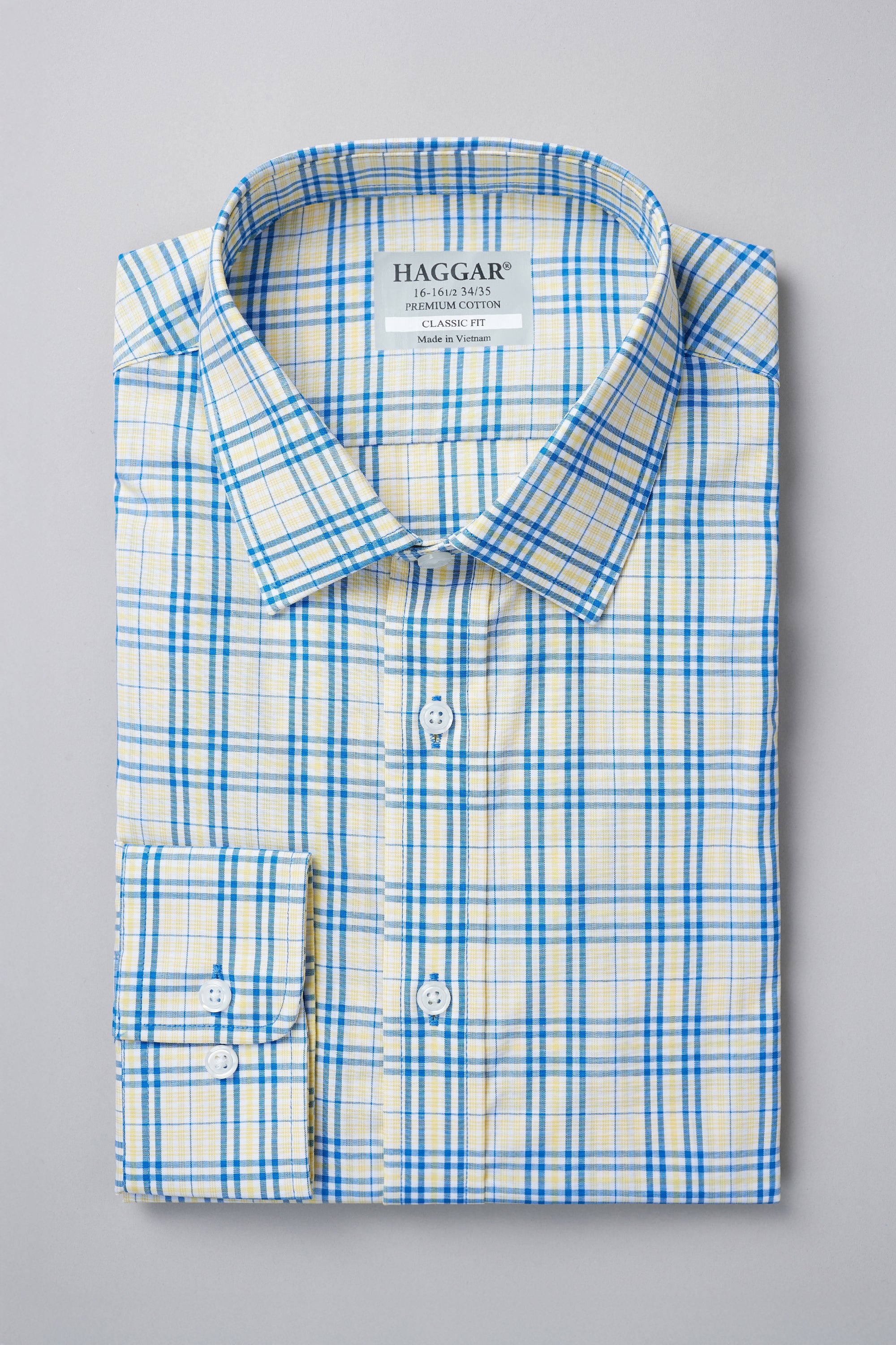 Premium Comfort Performance Cotton Dress Shirt - White and Yellow Plaid - Haggar.com