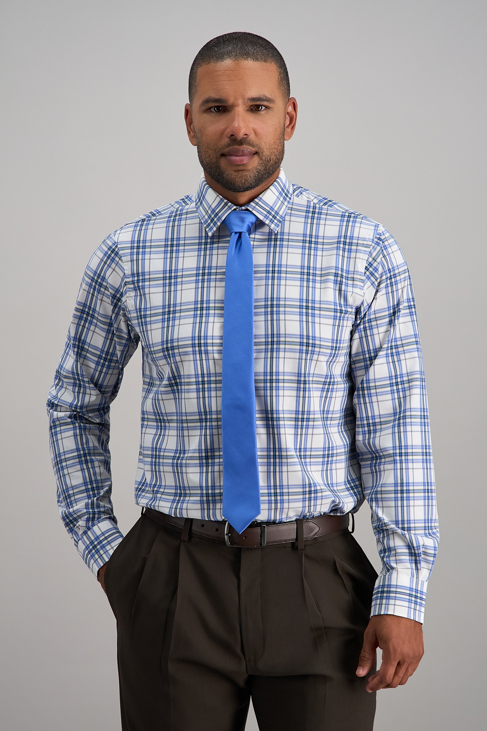 Smart Wash™ Dress Shirt - White & Blue Plaid - Haggar.com