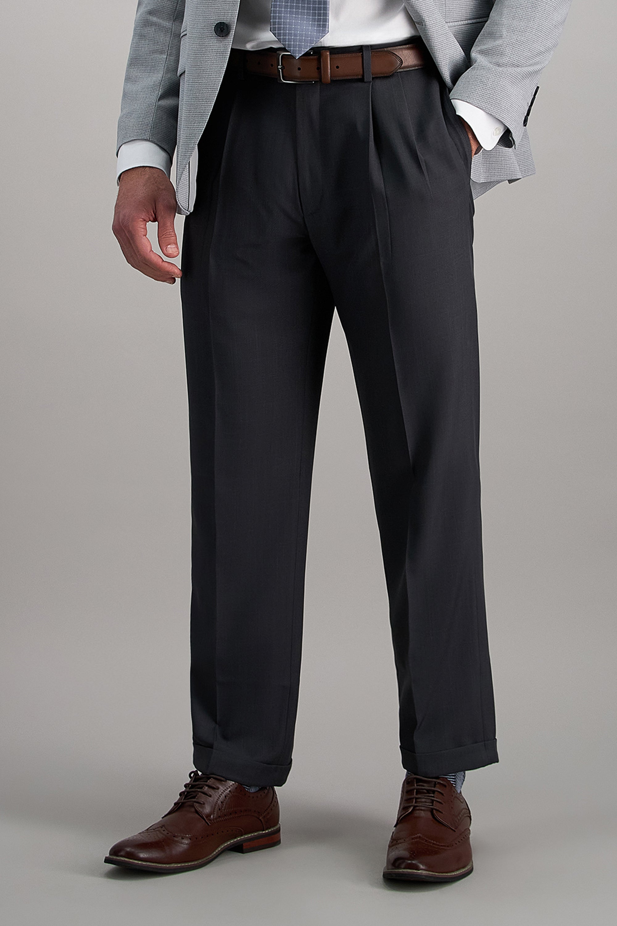 Haggar E-CLO Stria Dress Pants, Pleated Front in Brown
