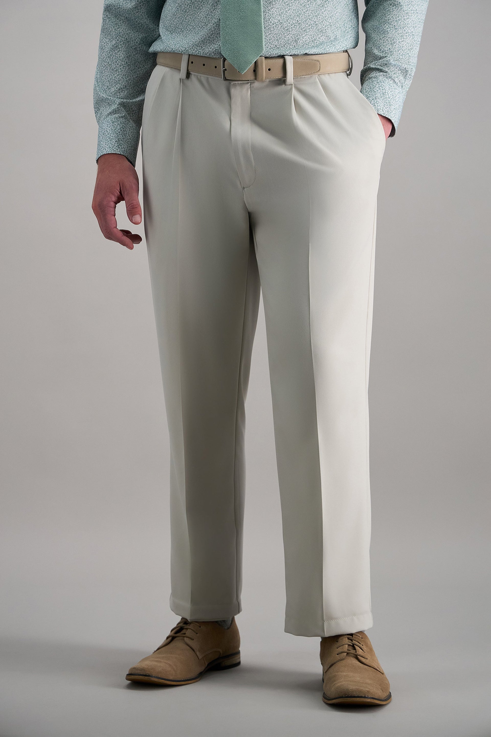 Haggar Premium Comfort Dress Pants - Checker Plaid, Flat Front in Khaki