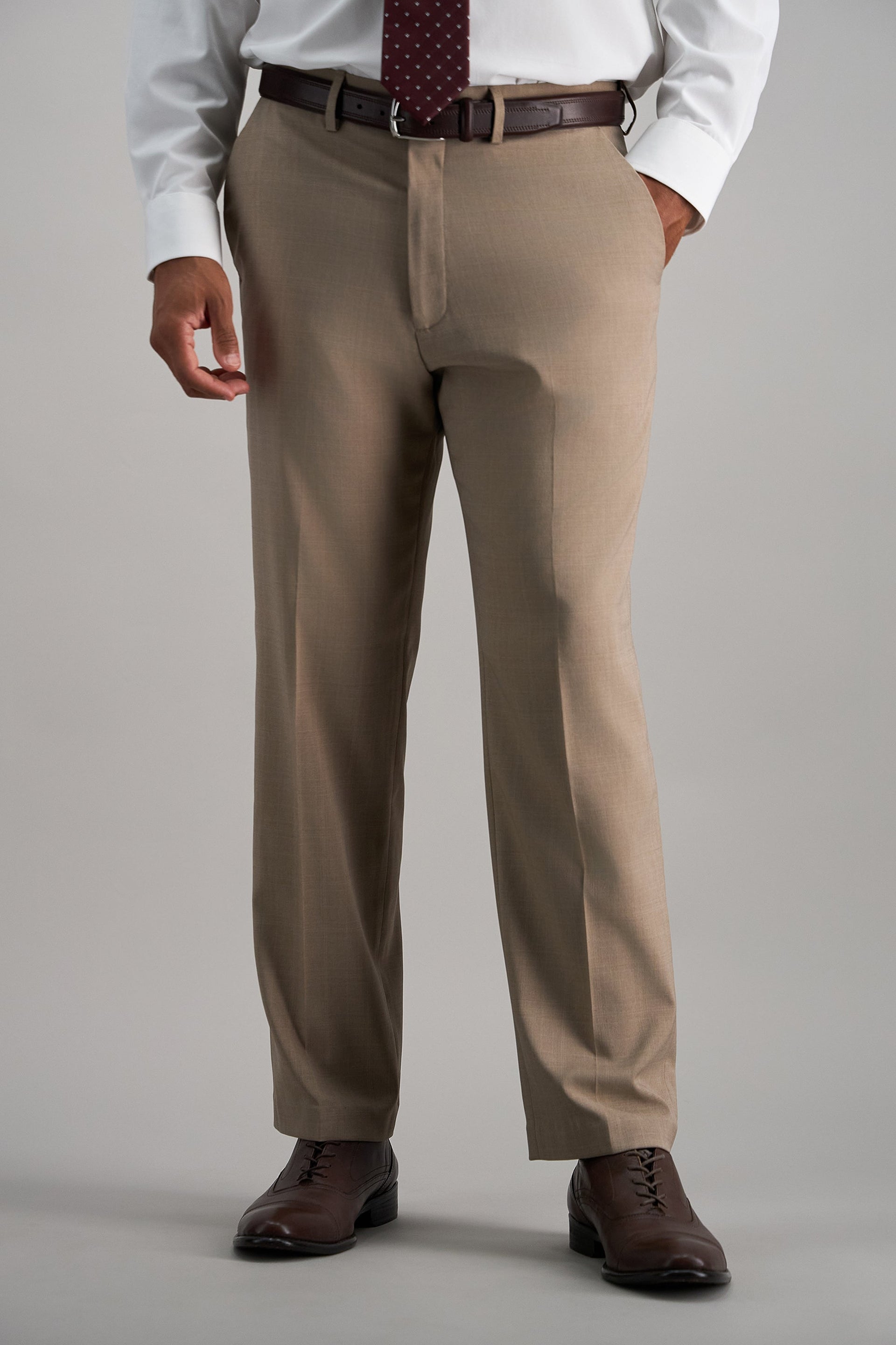 Haggar Premium Comfort Tonal Plaid Dress Pants, Flat Front in Taupe