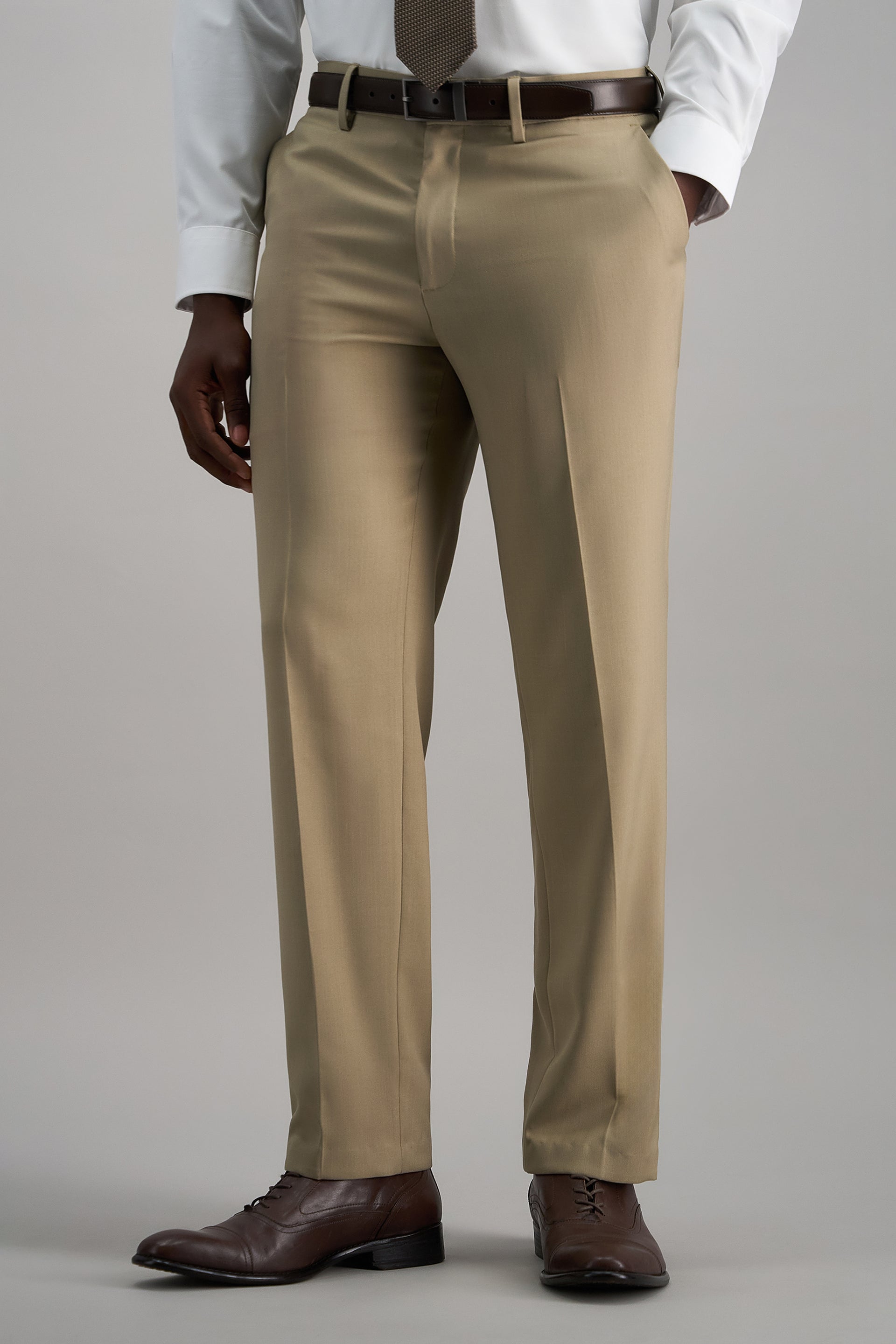 slim fit dress slacks Haggar Premium Comfort Dress Pants, Flat Front in Khaki