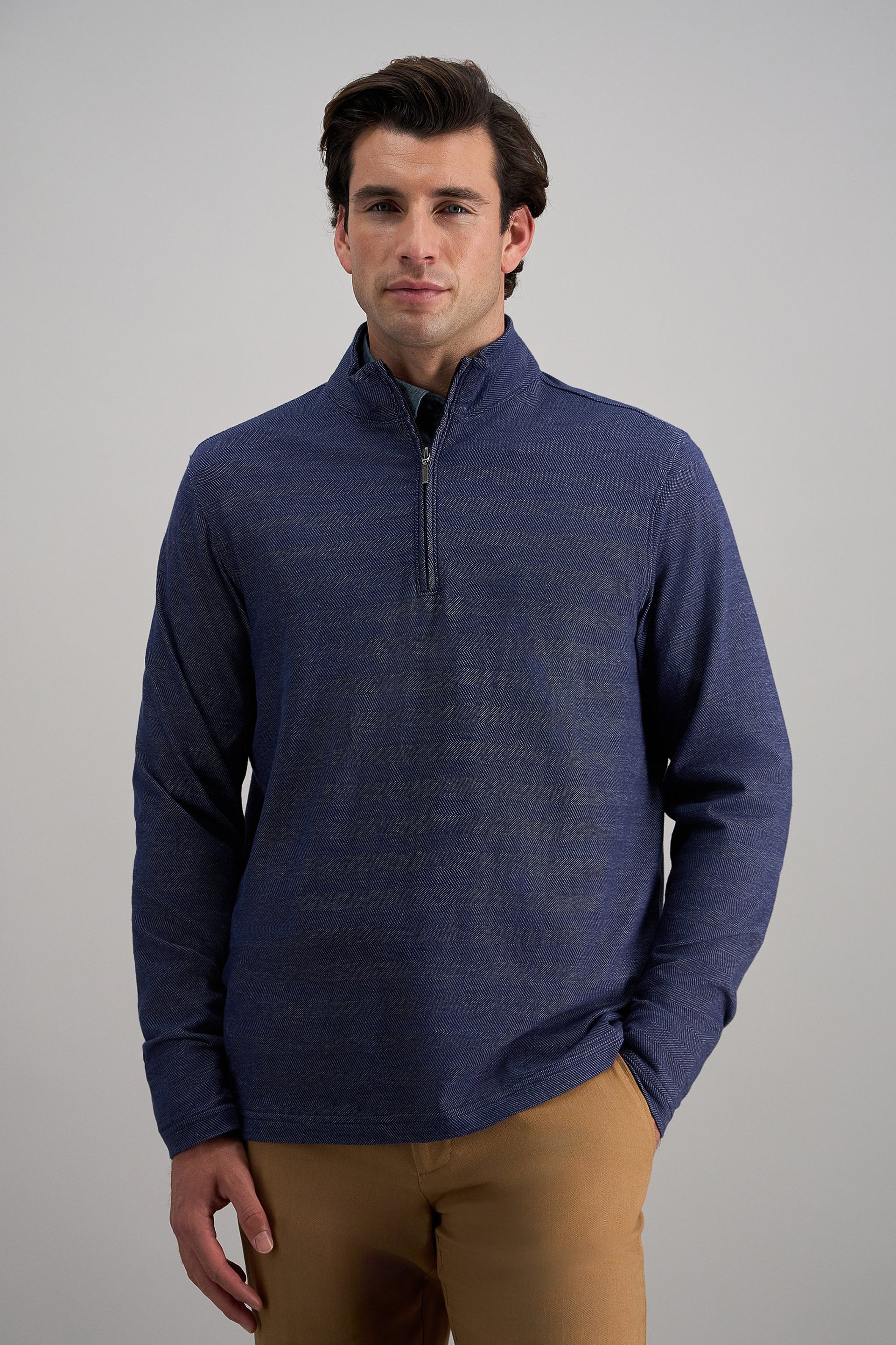 quarter zip over dress shirt ASOS DESIGN boxy relaxed collared sweatshirt in brown enhanced material keeps you comfortable from boardroom meetings to backswings at the driving range. Quarter Zip Sweater - Eton