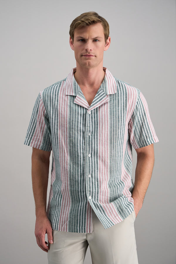 Short Sleeve Linen Stripe Camp Shirt #color_pink