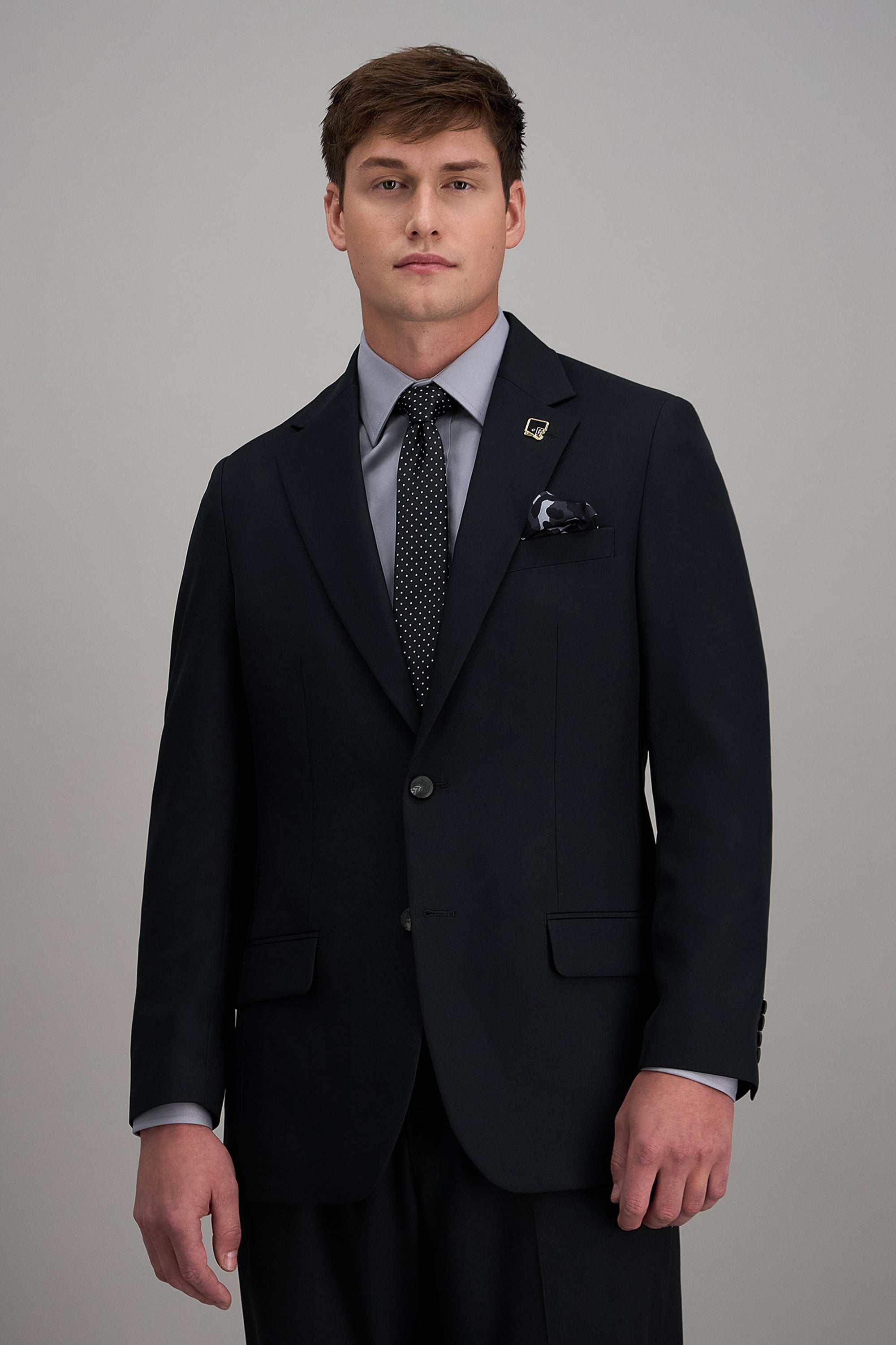 Haggar Pro Football Hall of Fame suit jacket, men's formal coat in dark fabric with notch lapel and tailored fit.#color_black