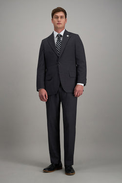Haggar Pro Football Hall of Fame suit jacket in navy, tailored fit with notch lapel, displayed on a hanger against a neutral background.#color_med grey