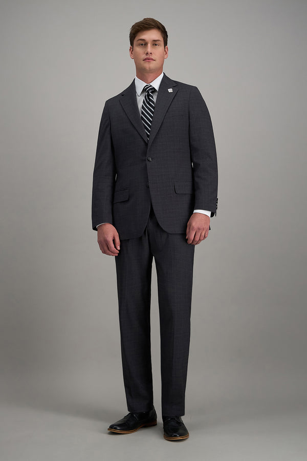 Haggar Pro Football Hall of Fame suit jacket in navy, tailored fit with notch lapel, displayed on a hanger against a neutral background.#color_med grey