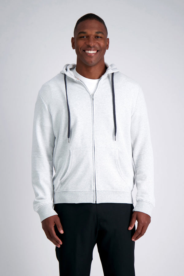 Full Zip Textured Fleece Hoodie Sweatshirt #color_light grey