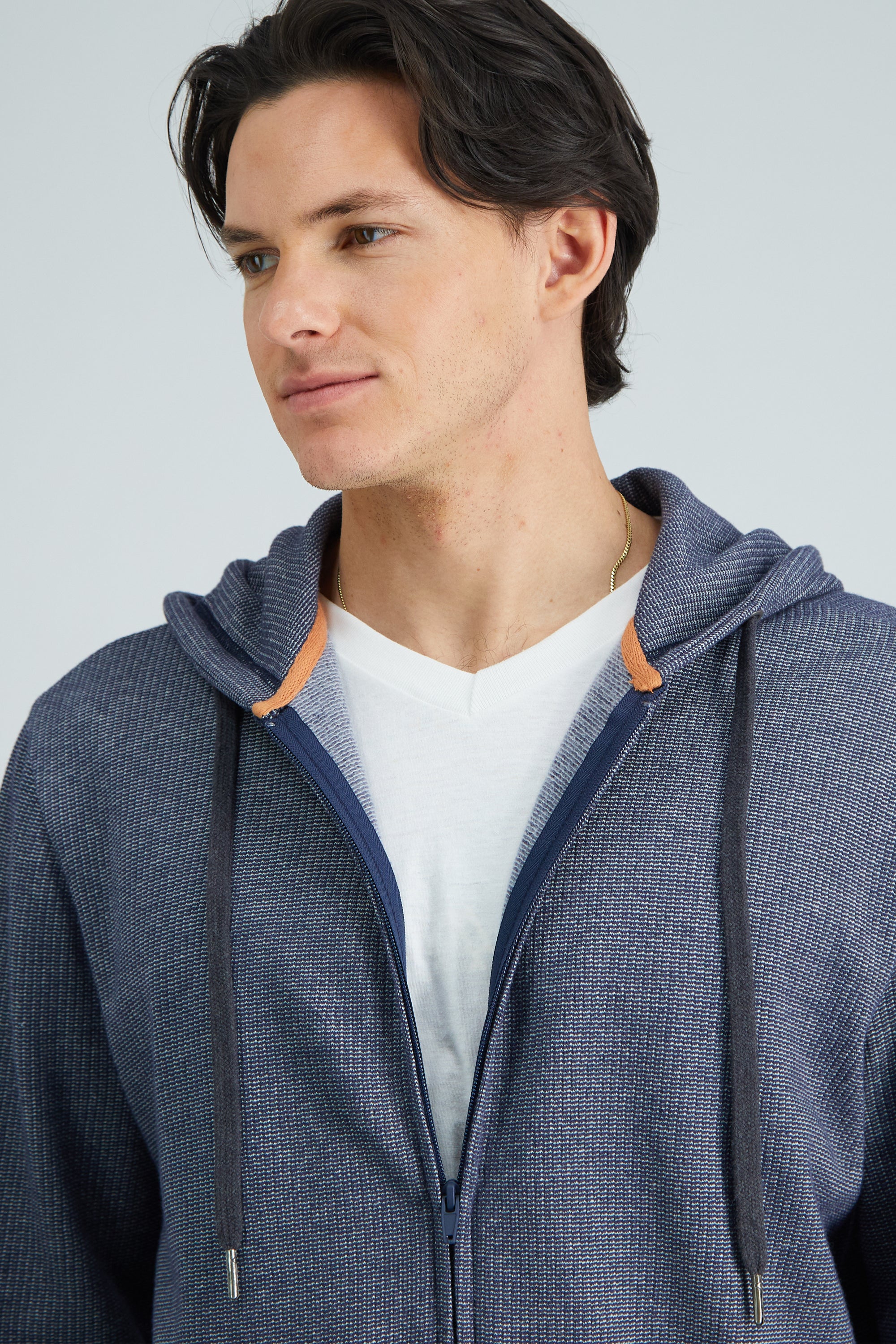Full Zip Textured Fleece Hoodie Sweatshirt - Indigo
