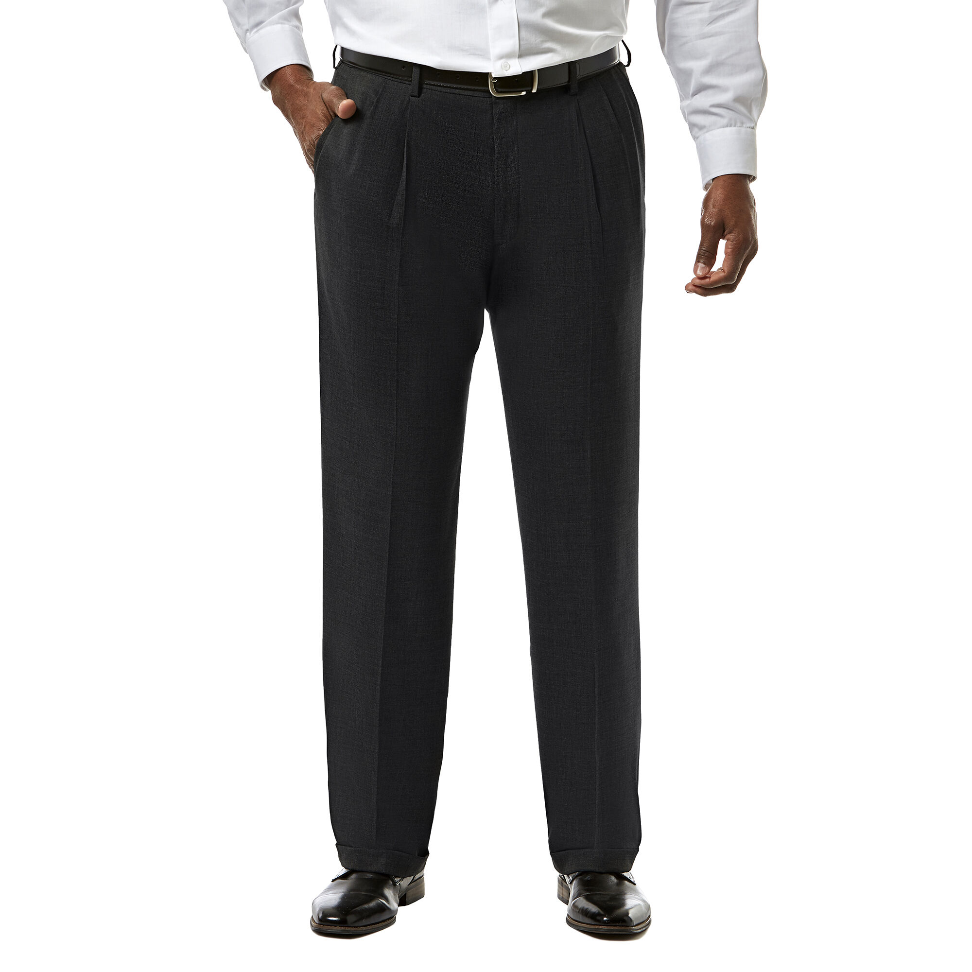 Big & Tall J.M. Haggar Premium Stretch Suit Pant - Pleated Front Black Big & Tall Classic Fit Pleated Front Hidden Expandable Waistband: Expands up to 3" 64% Polyester, 34% Viscoe Rayon 2% Spandex Dry Clean Only Imported Style #: HY91182 Size - M