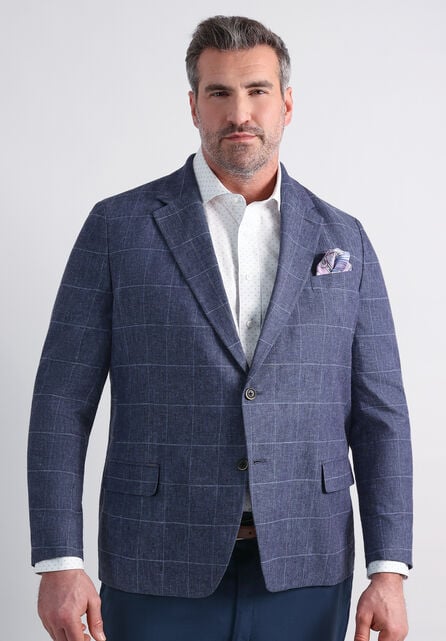 Big &amp; Tall J.M. Haggar Plaid Windowpane Linen Sport Coat, Chambray
