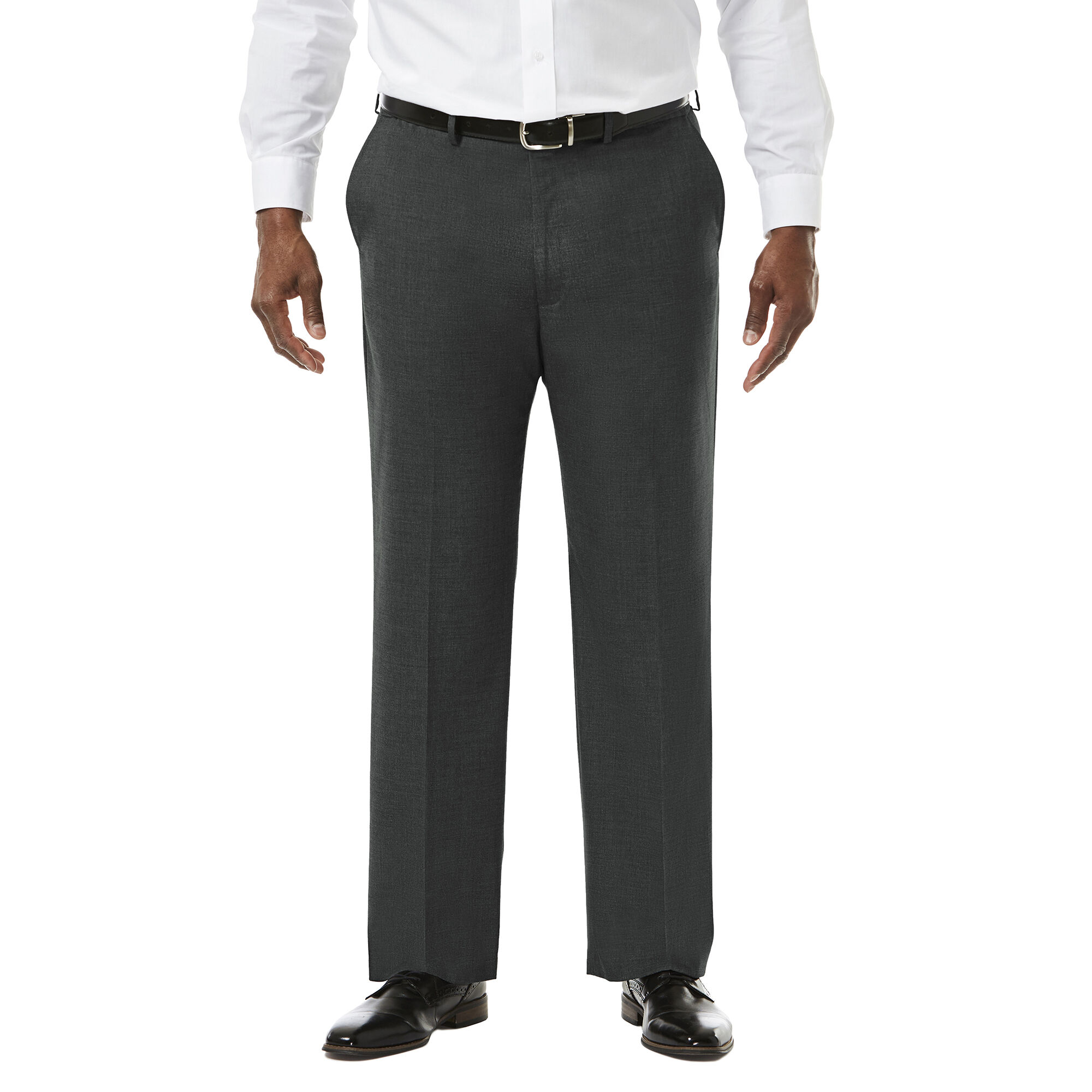 Big & Tall J.M. Haggar Premium Stretch Suit Pant - Flat Front Medium Grey Big & Tall Classic Fit Flat Front Hidden Expandable Waistband: Expands up to 3" 64% Polyester, 34% Viscoe Rayon 2% Spandex Dry Clean Only Imported Style #: HY90182 Size - L