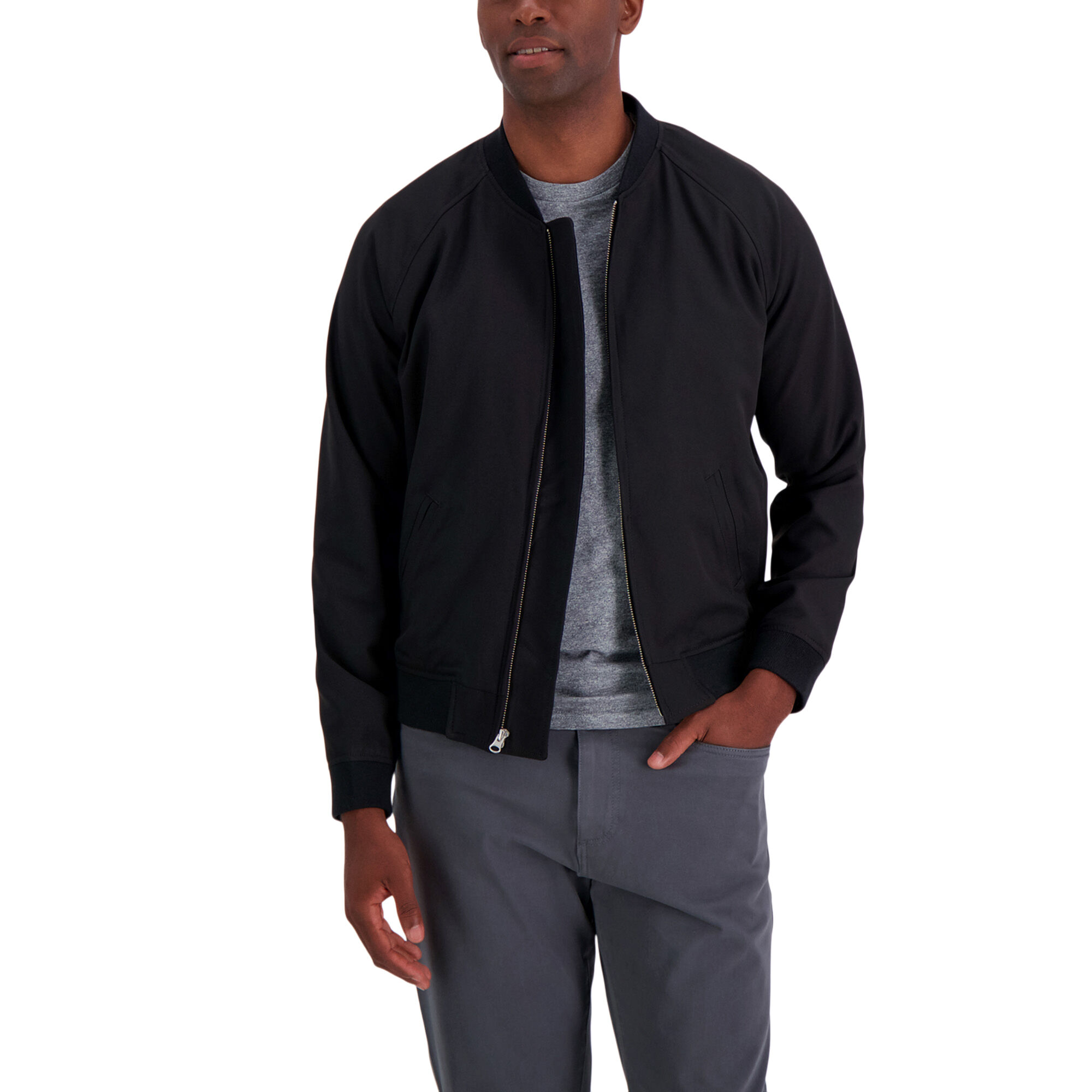 Stretch Gabardine Solid Full Zip Bomber Jacket