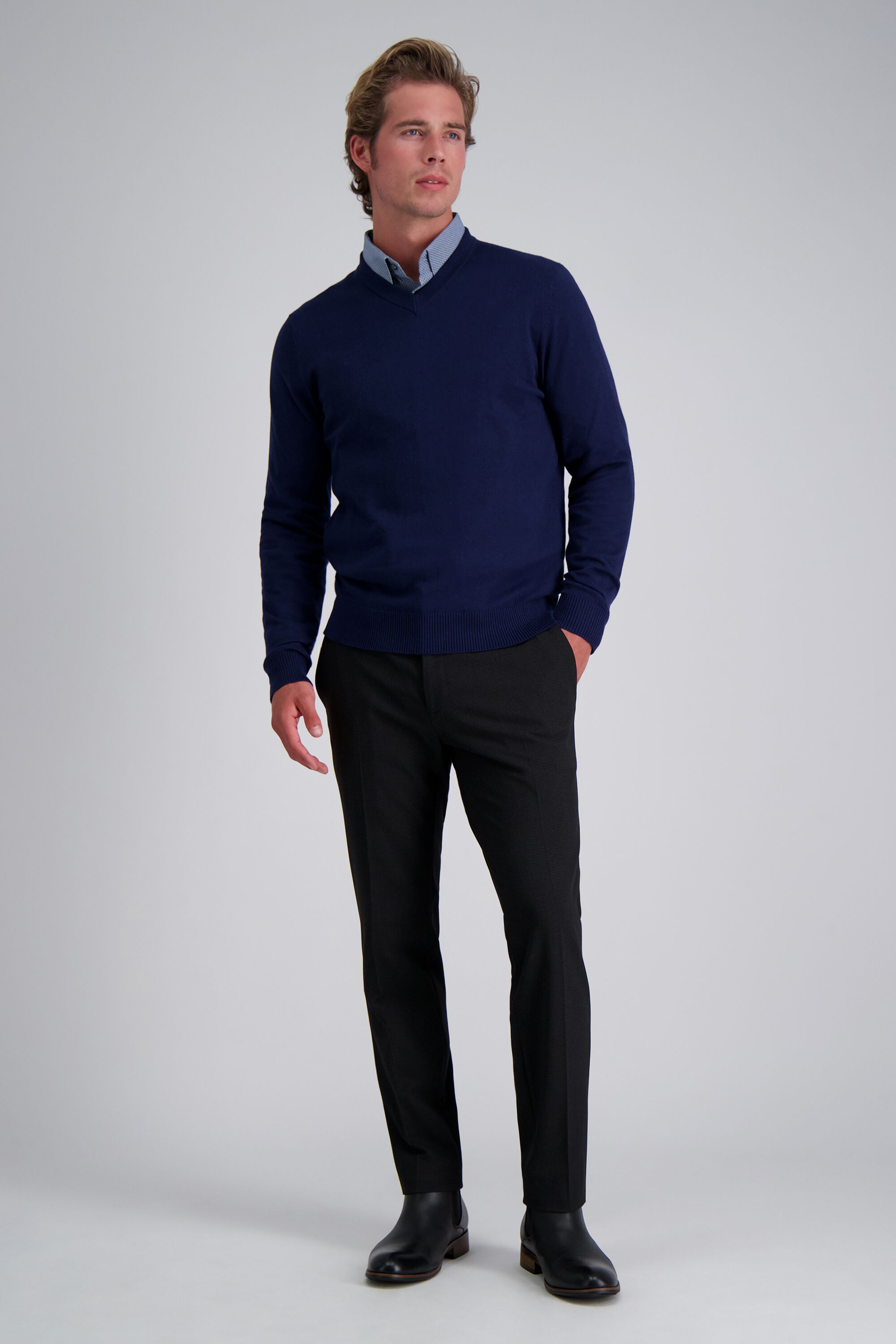 Blue sweater black pants hot sale
