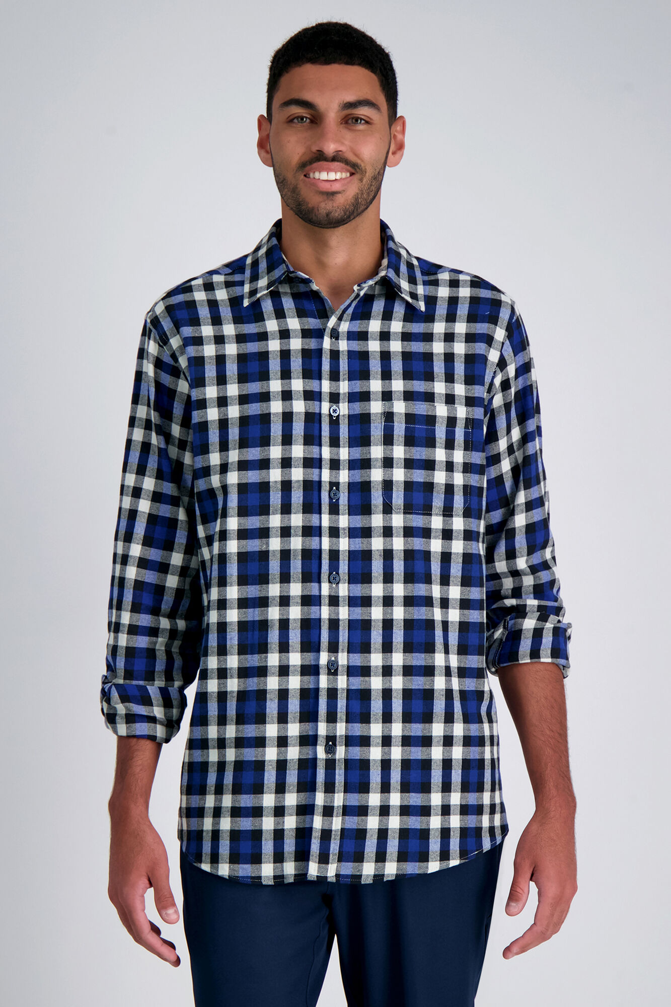 Haggar Long Sleeve Flannel Plaid Shirt Blue (HW00571) photo