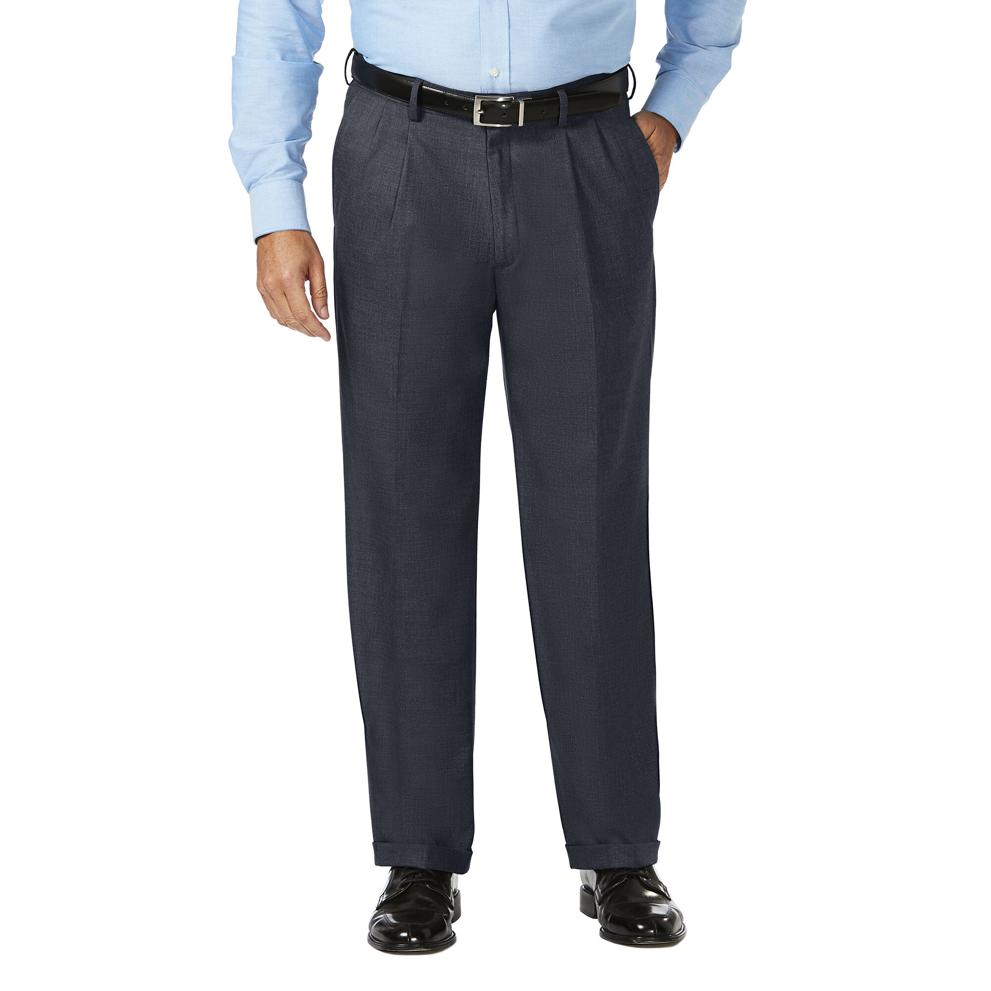 Big & Tall J.M. Haggar Dress Pant - Sharkskin Dark Navy Classic Fit Big & Tall Pleated Front Hidden Expandable Waistband Cuffed Hook and Bar Closure 64% Polyester, 34% Viscoe Rayon 2% Spandex Dry Clean Only Imported Style #: HD90654 Size - M