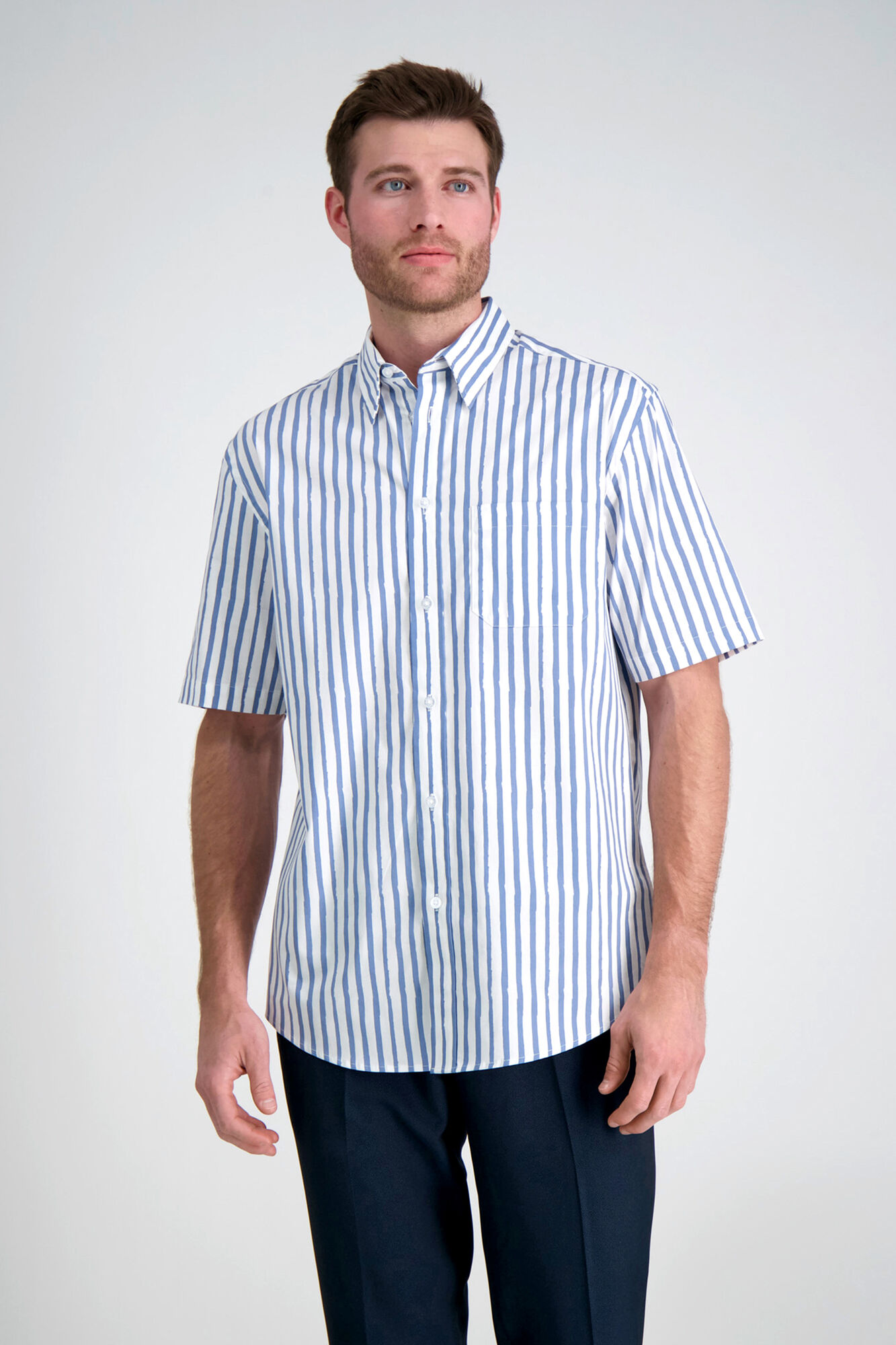 Haggar Short Sleeve Stripe Shirt Blue Slate (HW00414 Clothing Shirts & Tops) photo