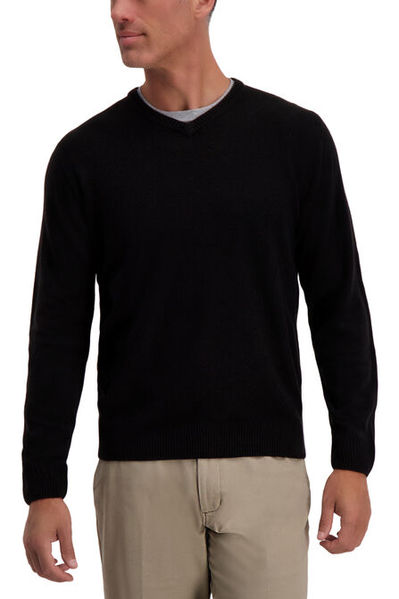 Textured Diamond V-Neck Sweater, Black view# 1