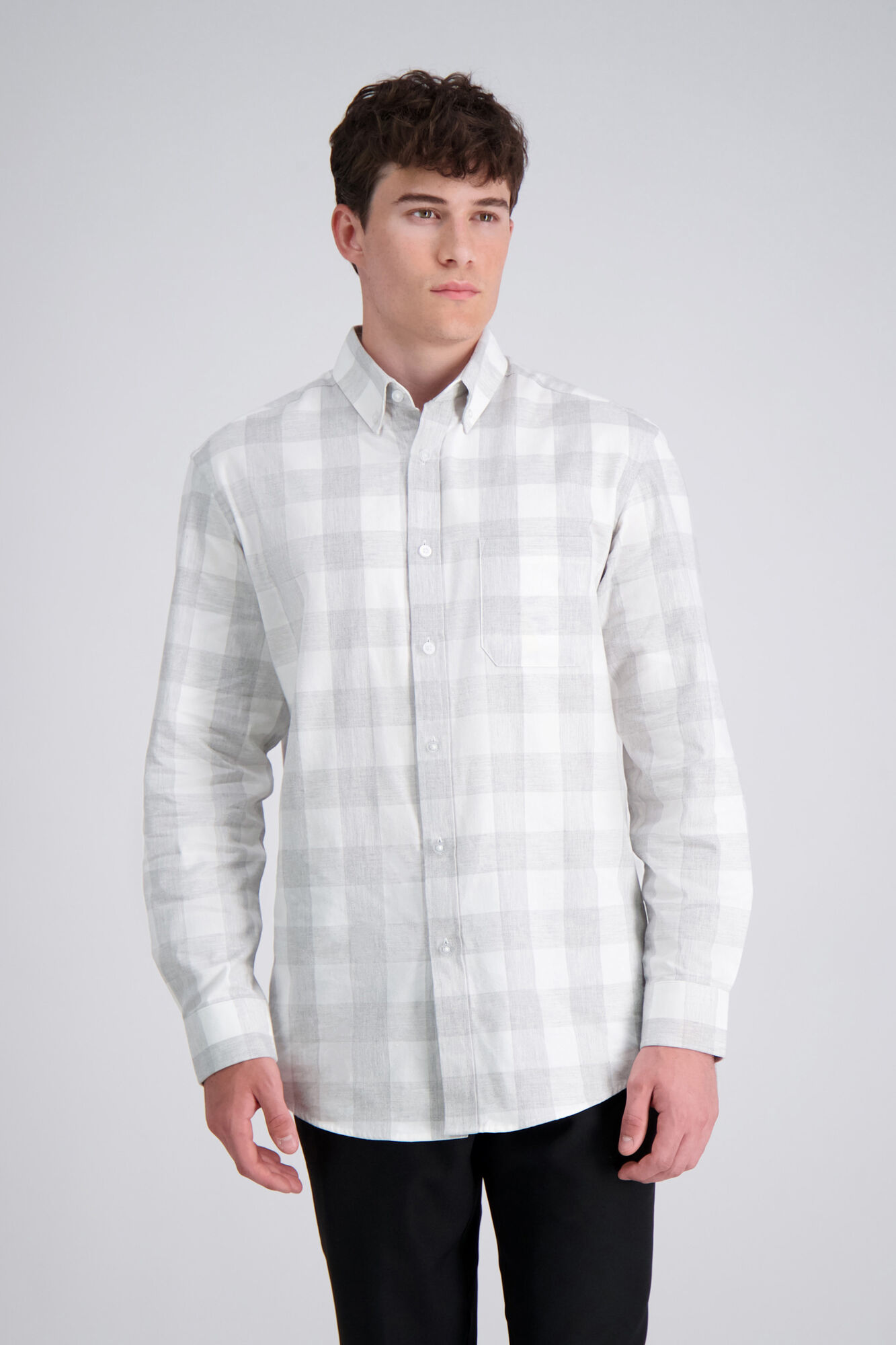Haggar Long Sleeve Brushed Cotton Plaid Shirt Grey (HW00451 Clothing Shirts & Tops) photo