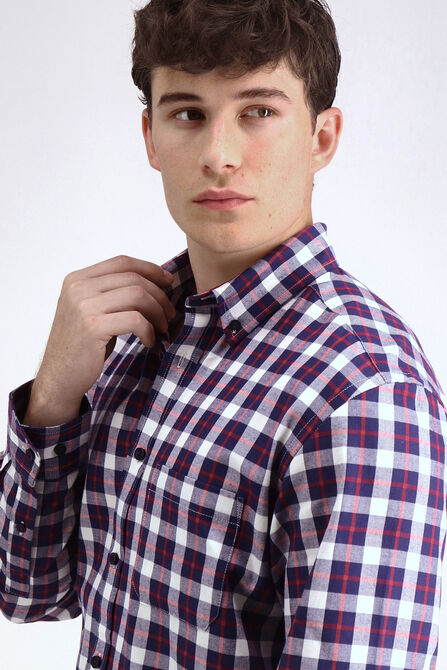 Long Sleeve Brushed Cotton Plaid Shirt, Dark Navy view# 4