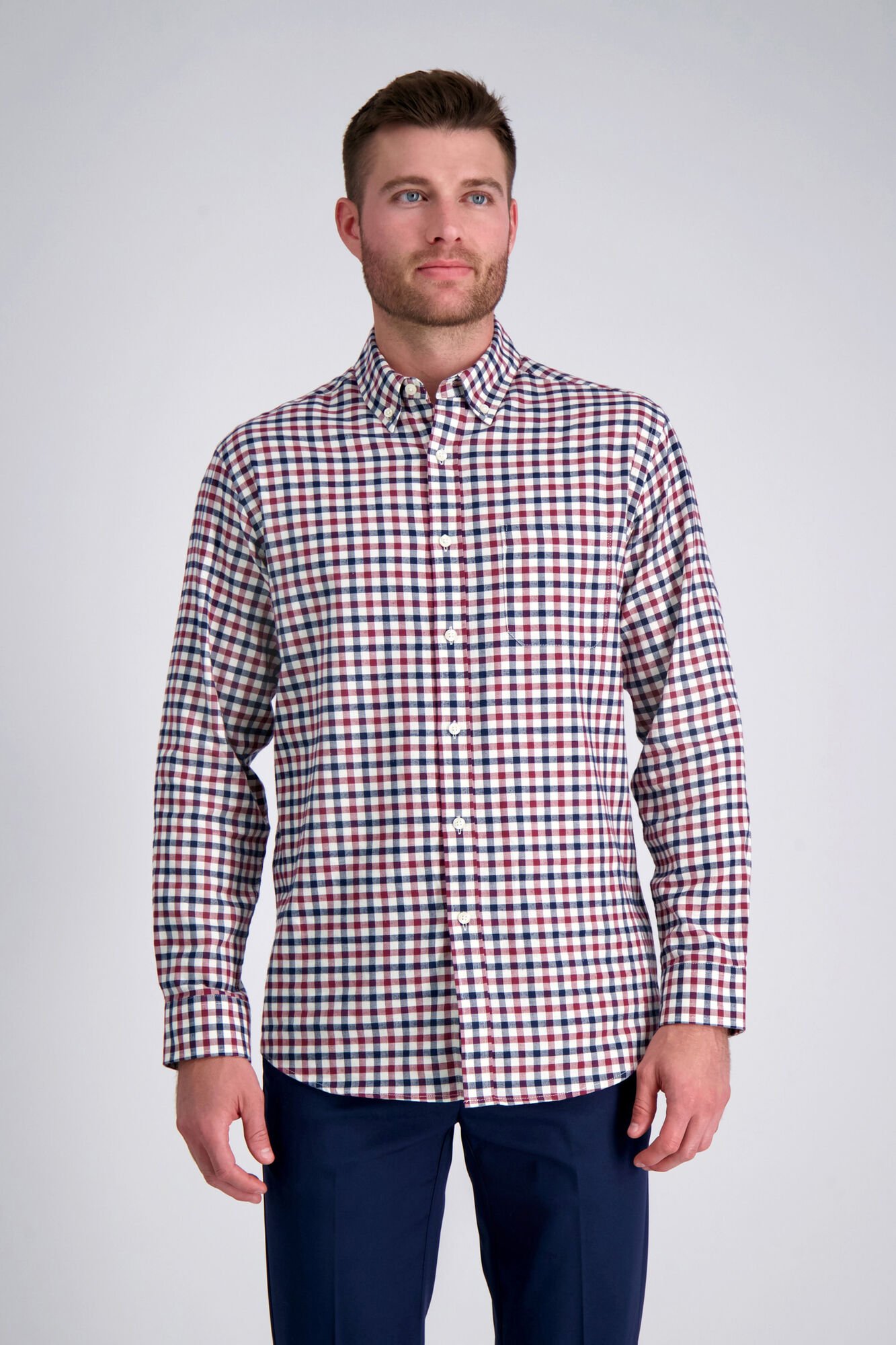 Haggar Long Sleeve Brushed Cotton Plaid Shirt Dark Red (HW00455 Clothing Shirts & Tops) photo