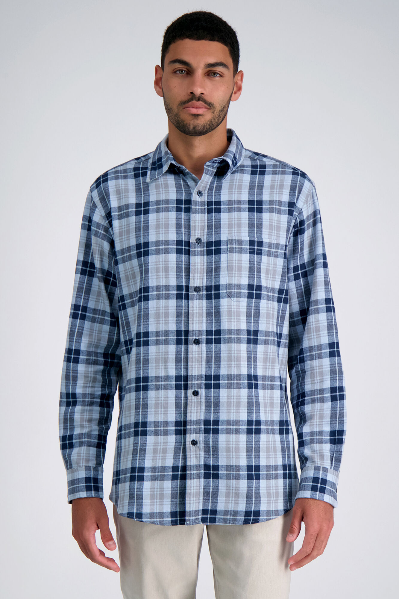 Haggar Long Sleeve Flannel Plaid Shirt Navy (HW00573 Clothing Shirts & Tops) photo