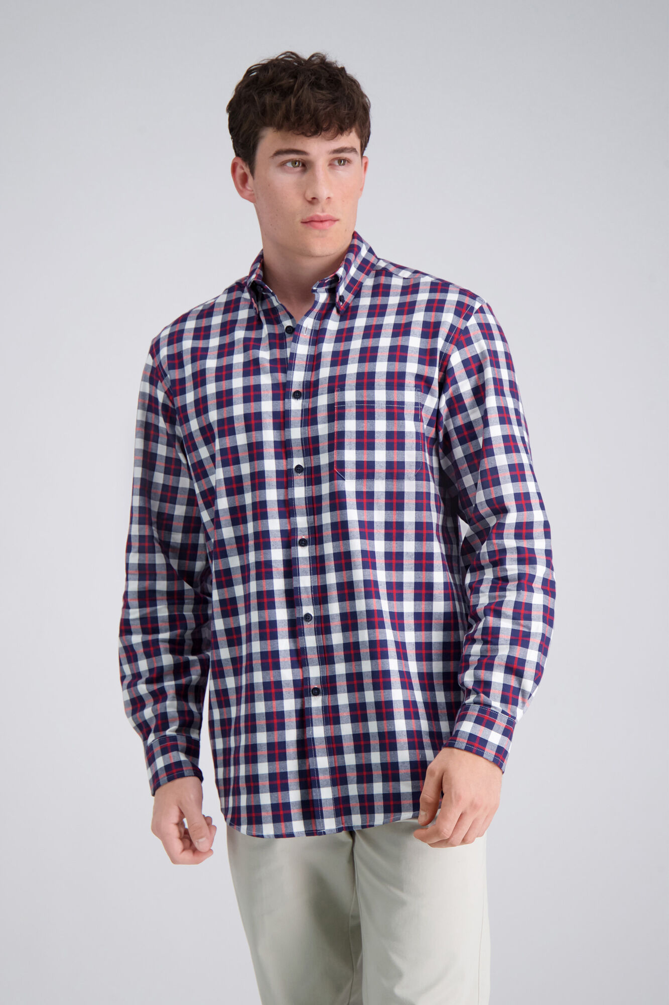 Haggar Long Sleeve Brushed Cotton Plaid Shirt Dark Navy (HW00453 Clothing Shirts & Tops) photo