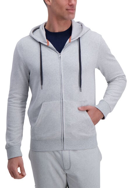Full Zip Textured Fleece Hoodie Sweatshirt, Light Grey