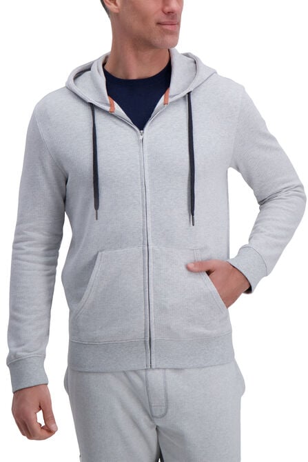 Full Zip Textured Fleece Hoodie Sweatshirt, Light Grey view# 1