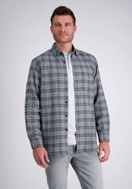 Long Flannel Plaid Shirt, Med Grey